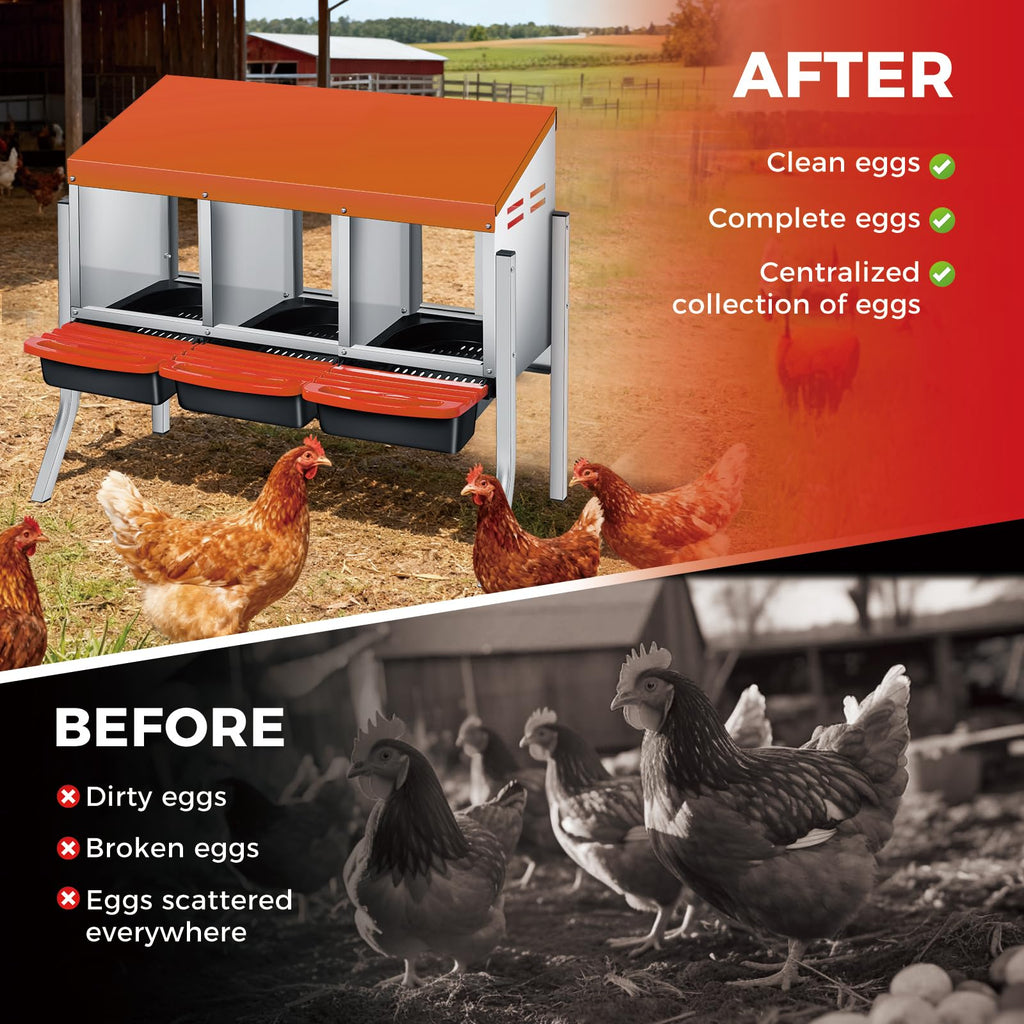 Garvee Chicken Nesting Boxes, 3 Hole with Legs Metal Wall Mount Roll Away Nest with Removable Trays and Roll Out Egg Collection for Chicken Coop