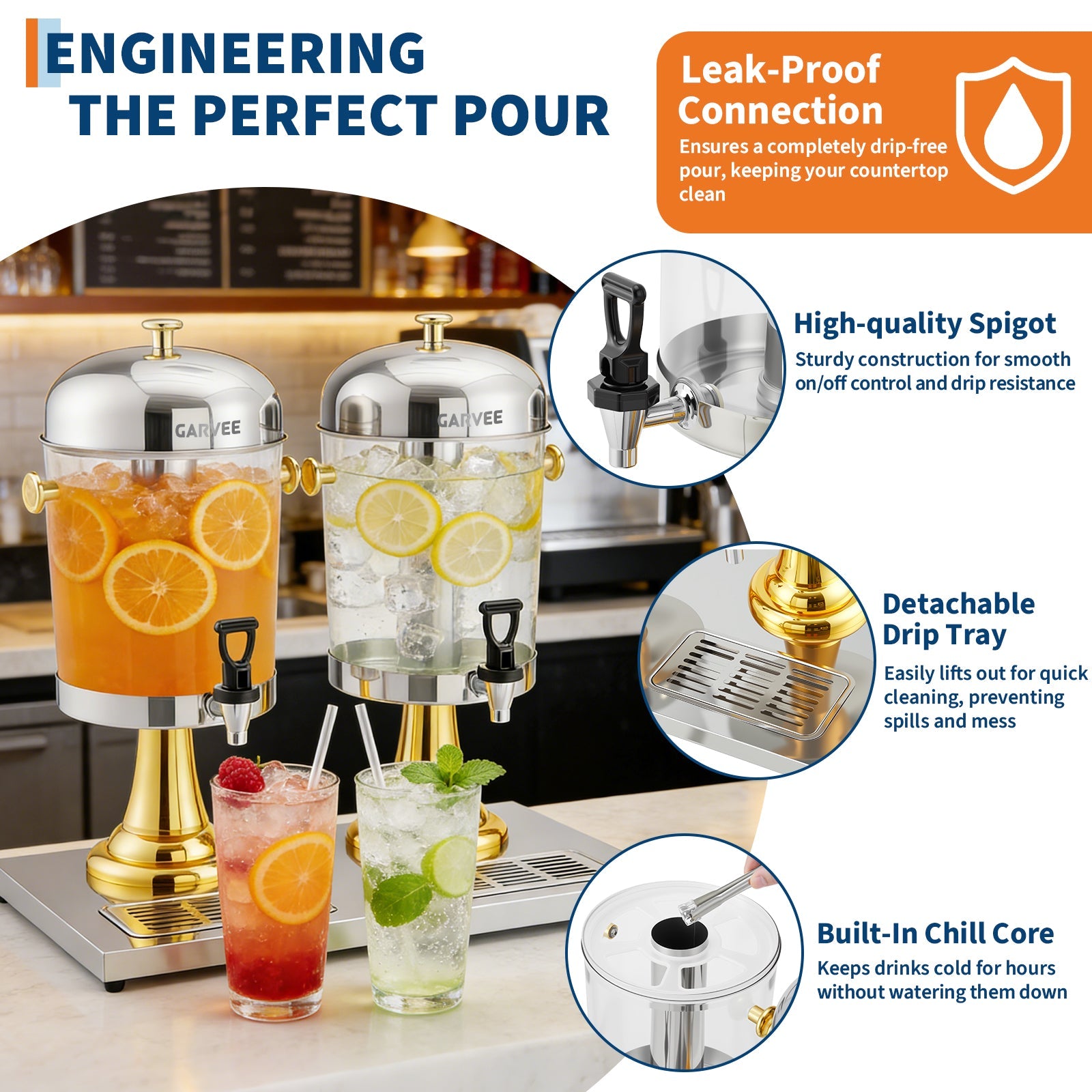Garvee 4.4 Gallon Commercial Drink Dispenser, Stainless Steel Beverage Dispenser with Ice Core, Stand & Spigot for Cold Juice, Iced Tea and Lemonade at Parties & Weddings, Gold