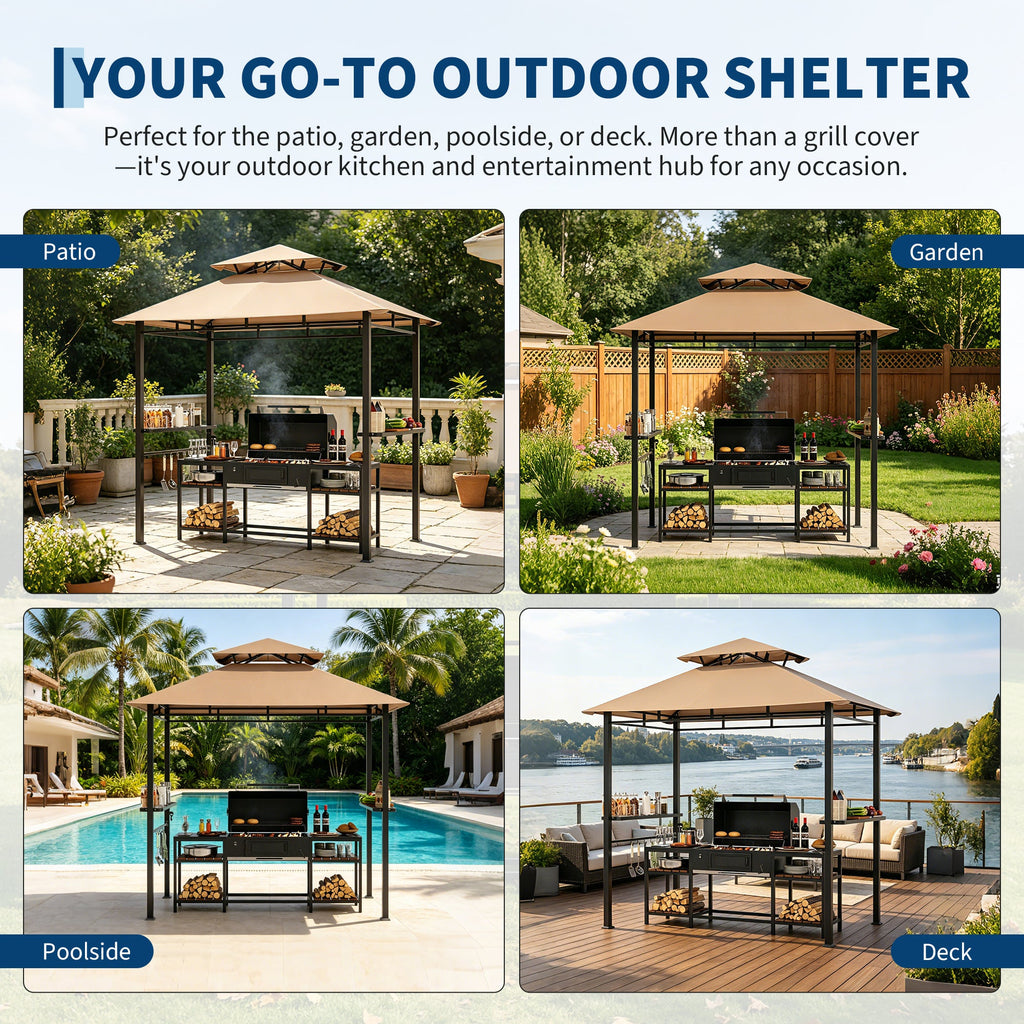 Garvee 8' x 5' Double-Tier Grill Gazebo, Waterproof BBQ Canopy Shelter with Vented Roof, 2 Side Shelves, 5 Hooks, Bottle Opener & UPF 100 UV Protection, Heavy-Duty Outdoor Patio Pavilion, Khaki