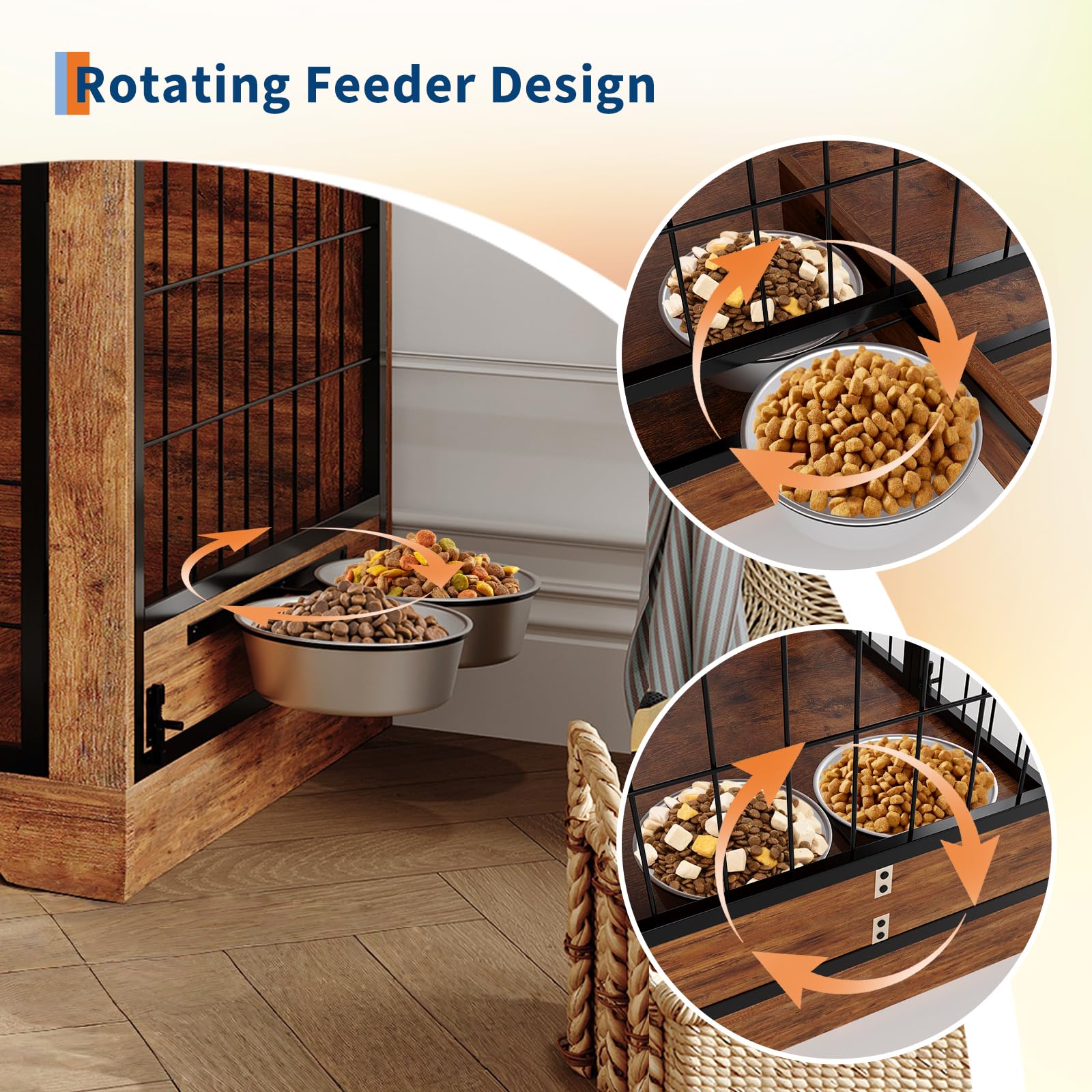 Garvee 32 in Heavy Duty Dog Crate Furniture Rustic Wooden Dog Cage Kennel Indoor Furniture with 2 Rotating Dog Bowls Chew-Resistant Dog Kennel for Small, Medium Dogs