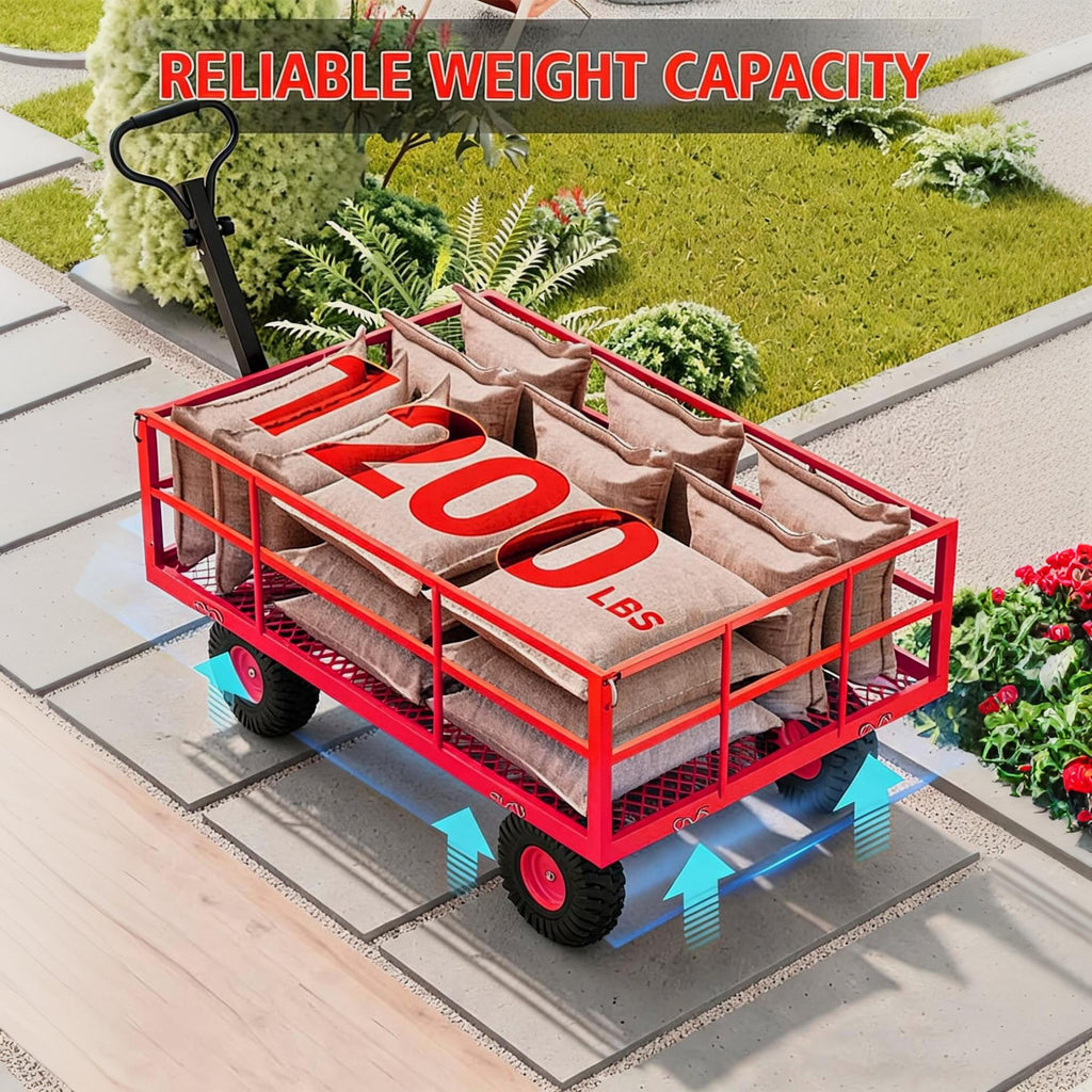 Garvee Steel Garden Cart for Lawn and Farm Use, 1200 lbs Capacity with 13-Inch Tires, Removable Sides and 2-in-1 Handle, Red