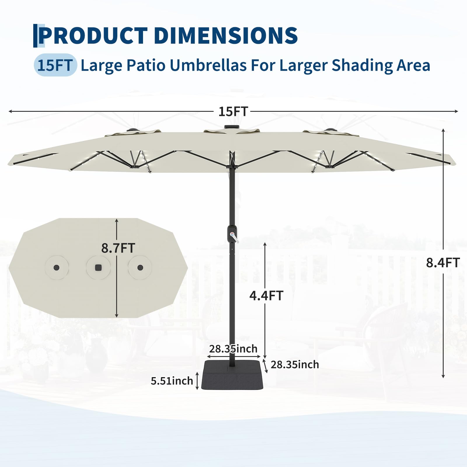 Garvee 15' Rectangular Patio Umbrella with Solar LED Lights & Base, Crank Handle UV-Resistant Outdoor Market Umbrella for Backyard, Pool & Patio, Beige