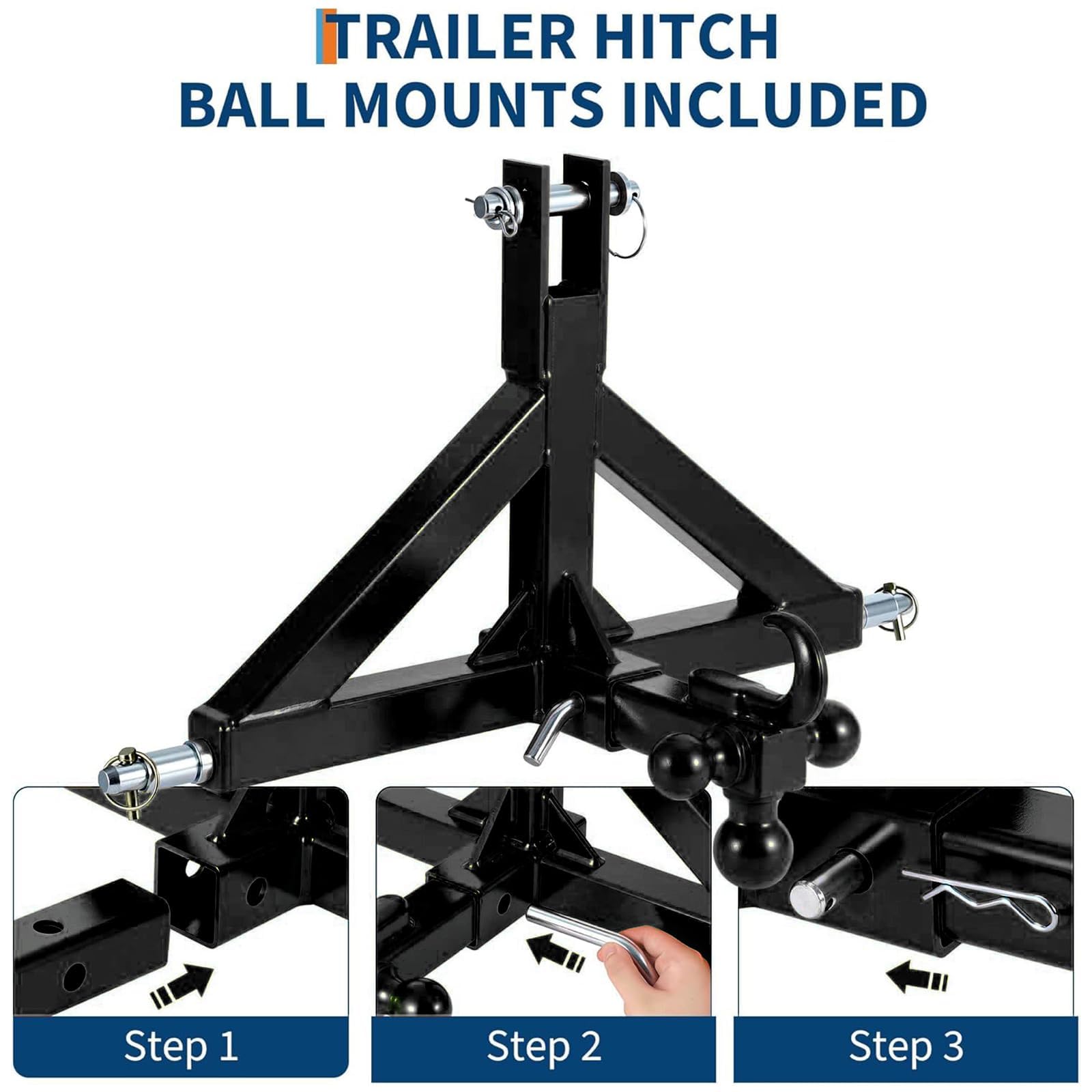 Garvee 3 Point Trailer Hitch 2" Receiver with Towing Ball & Hook Heavy Duty Cat.1 Steel Quick Hitch Attachment for Kubota Subcompact Tractor Farm Use