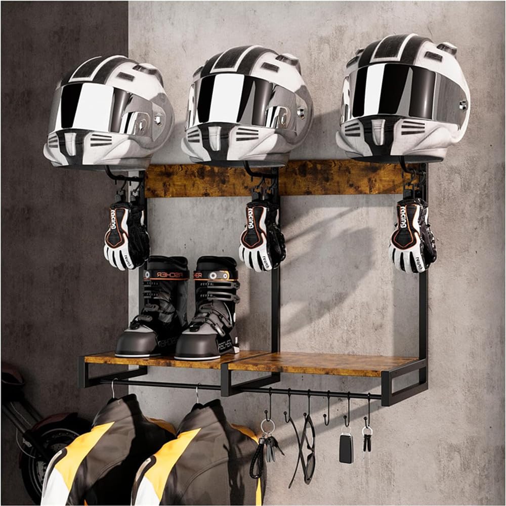 Garvee Superior Oak & Steel Motorcycle Helmet Wall Mount – Space-Saving Rack for Helmet, Jacket & Gear Storage – Durable, Eco-Friendly Construction – Garage, Entryway, Hallway Display – Large