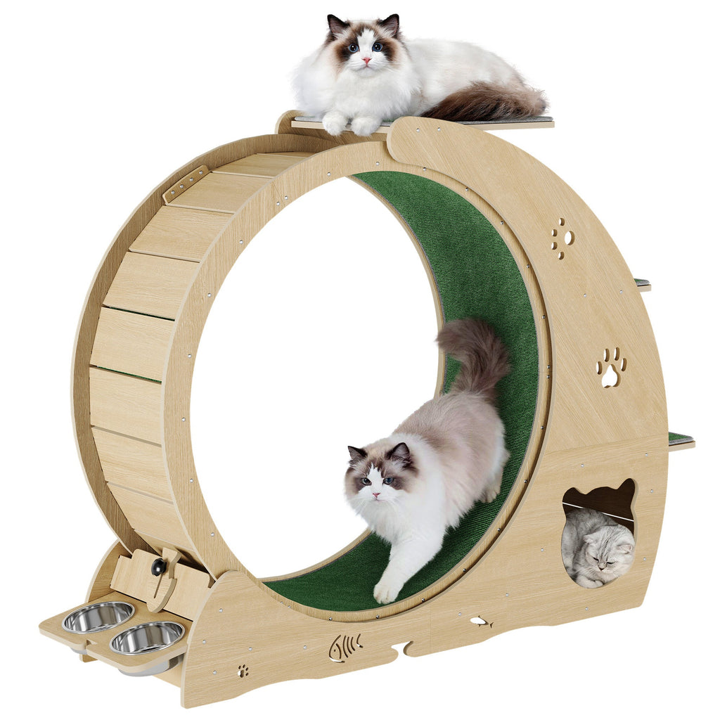 Garvee Large Cat Exercise Wheel for Indoor Cats - 4-in-1 Treadmill with Grazeing Post, 3-Level Jumping Tower & Carpeted Fashion Show - Quiet Spinner for Fitness & Entertainment - Wood Color