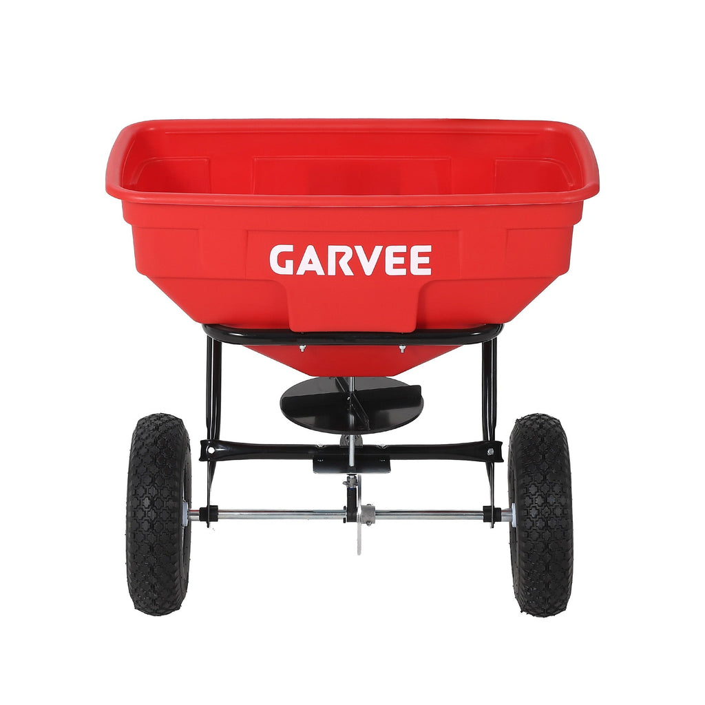 Garvee 130 lb Tow-Behind Broadcast Spreader, Heavy-Duty Lawn & Garden Spreader with 0–12 ft Coverage, Universal Hitch, 13" Pneumatic Tires & 20-Level Flow Control for ATV, UTV & Riding Mower, Red