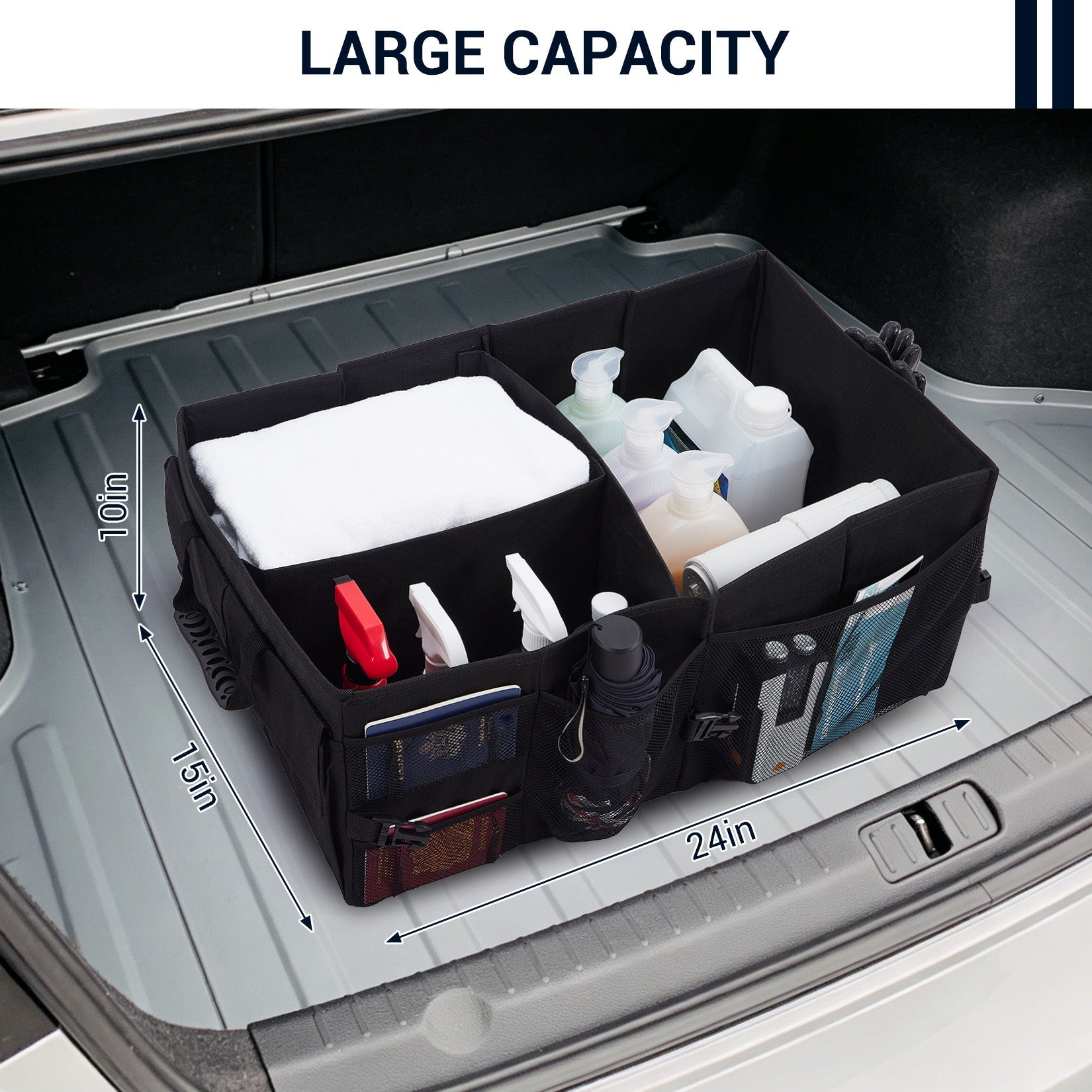Garvee Large Capacity Collapsible Car Trunk Organizer - Durable Black Polyester Storage Bag - Keeps Car, SUV, Van Accessories Neat - Collapsible & Portable - Black 60.96*38.1*25.4cm