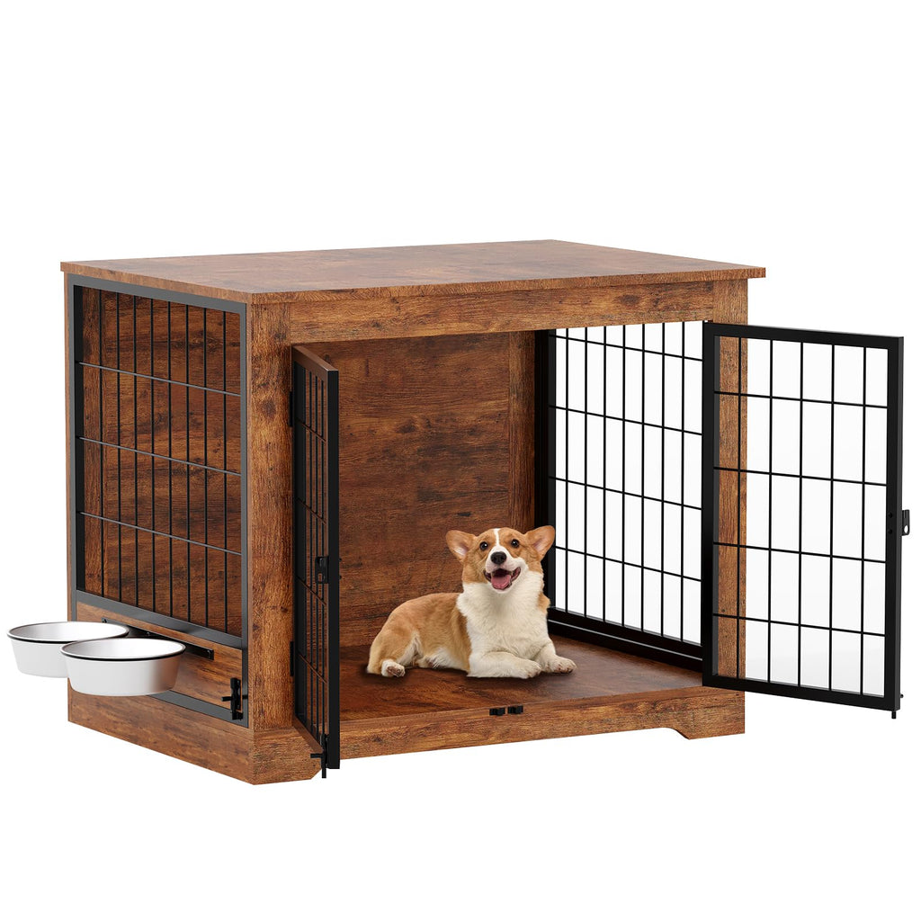 Garvee 32 in Heavy Duty Dog Crate Furniture Rustic Wooden Dog Cage Kennel Indoor Furniture with 2 Rotating Dog Bowls Chew-Resistant Dog Kennel for Small, Medium Dogs
