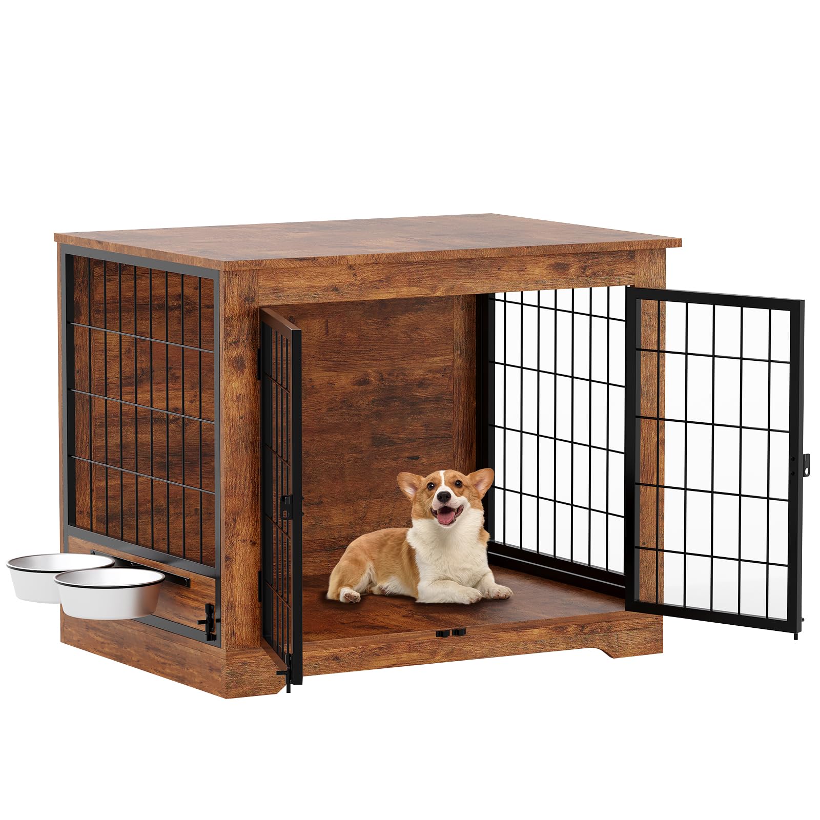 Garvee 32 in Heavy Duty Dog Crate Furniture Rustic Wooden Dog Cage Kennel Indoor Furniture with 2 Rotating Dog Bowls Chew-Resistant Dog Kennel for Small, Medium Dogs