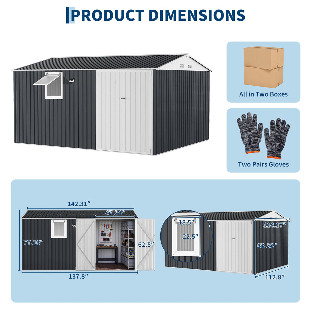 Garvee 10' x 12' Metal Outdoor Storage Shed, Reinforced Galvanized Steel Garden Shed with Lockable Double Doors, Window, Vents, Pegboard & Solar Sensor Light, Weather-Resistant Backyard Storage Unit, Black