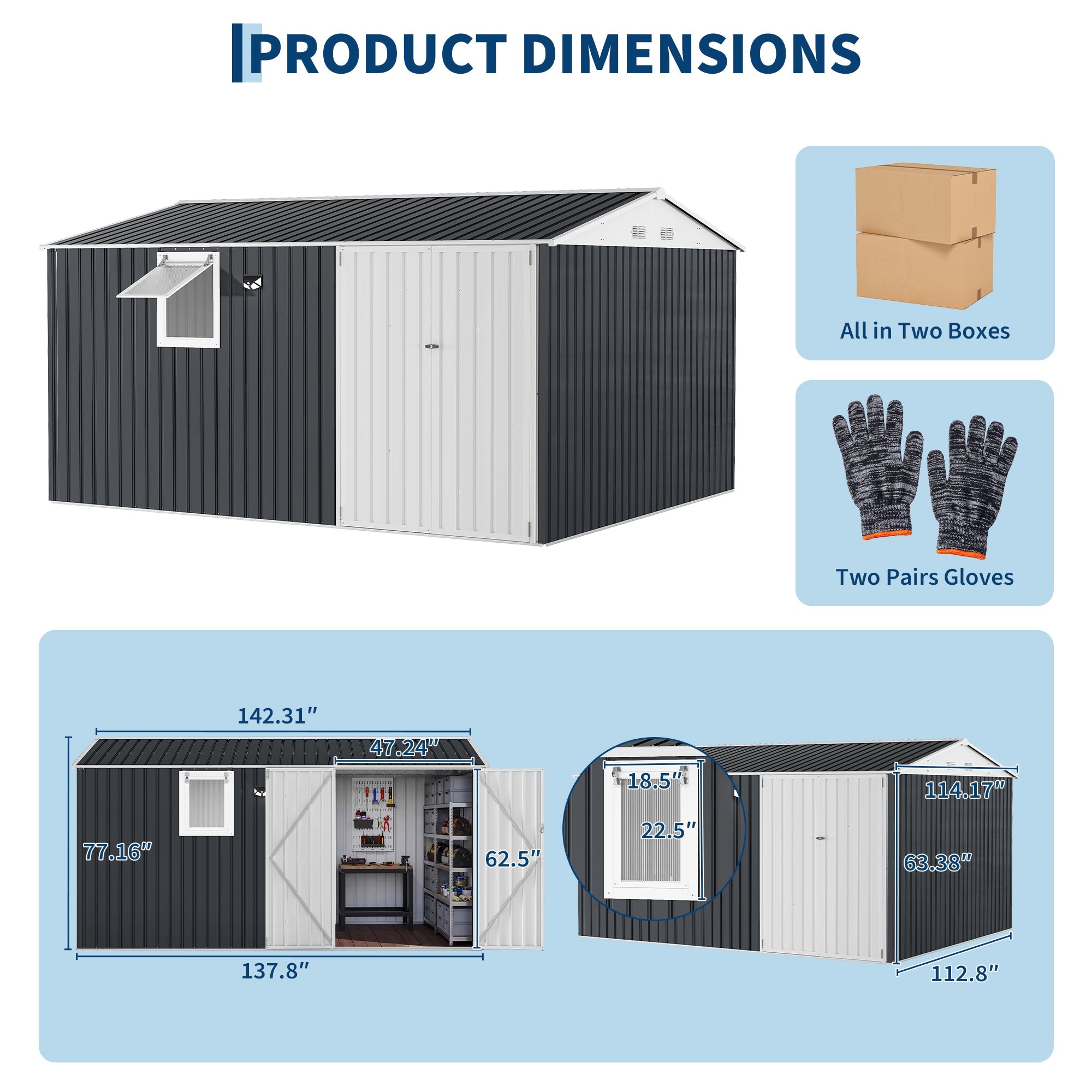 Garvee 10' x 12' Metal Outdoor Storage Shed, Reinforced Galvanized Steel Garden Shed with Lockable Double Doors, Window, Vents, Pegboard & Solar Sensor Light, Weather-Resistant Backyard Storage Unit, Black