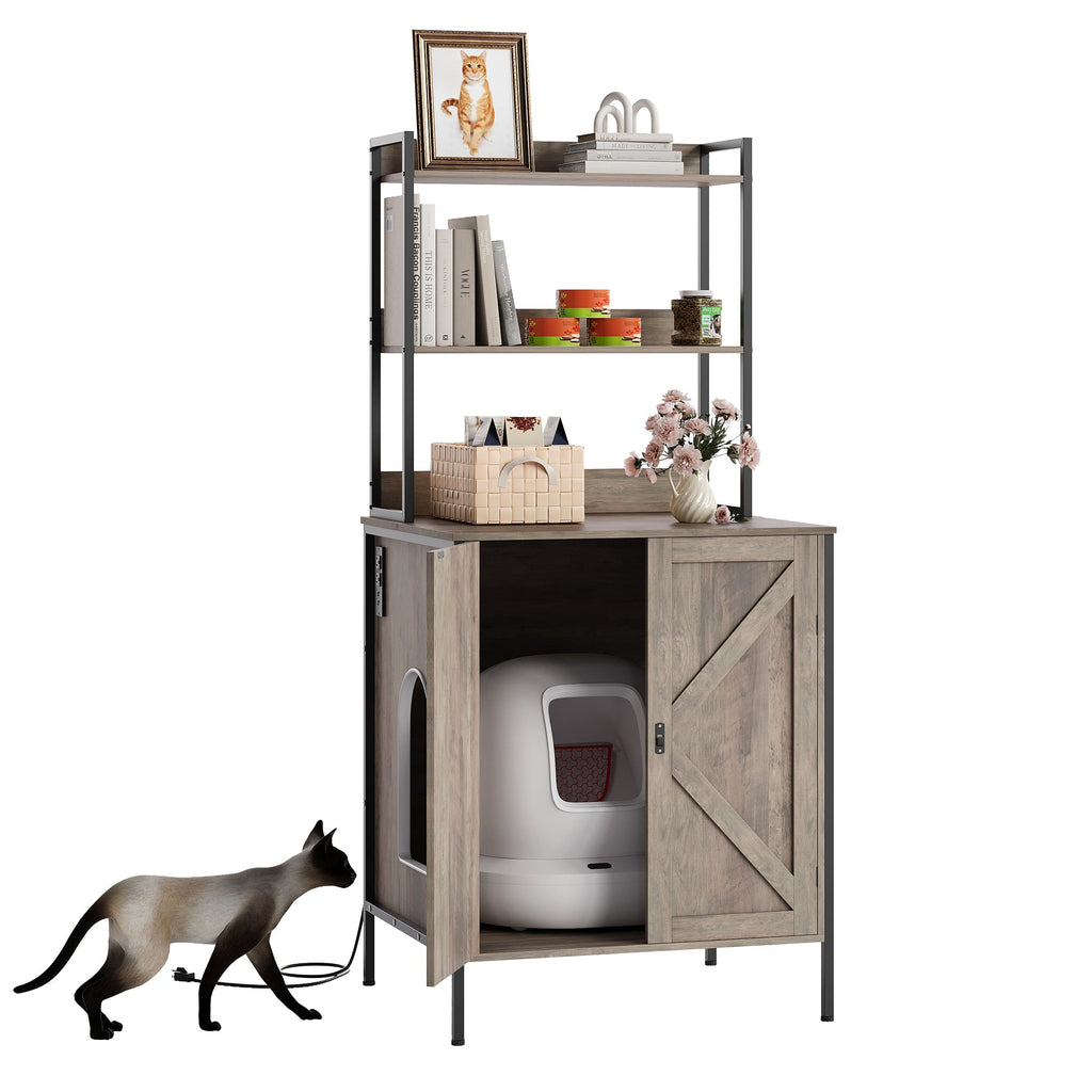 Garvee 70" Large Hidden Cat Litter Box Furniture, Cat Robot Enclosure Cabinet with Shelves, Built-in Power Outlet, Fits Auto Litter Boxes, Modern Self‑Cleaning Litterboxes Furniture Grey