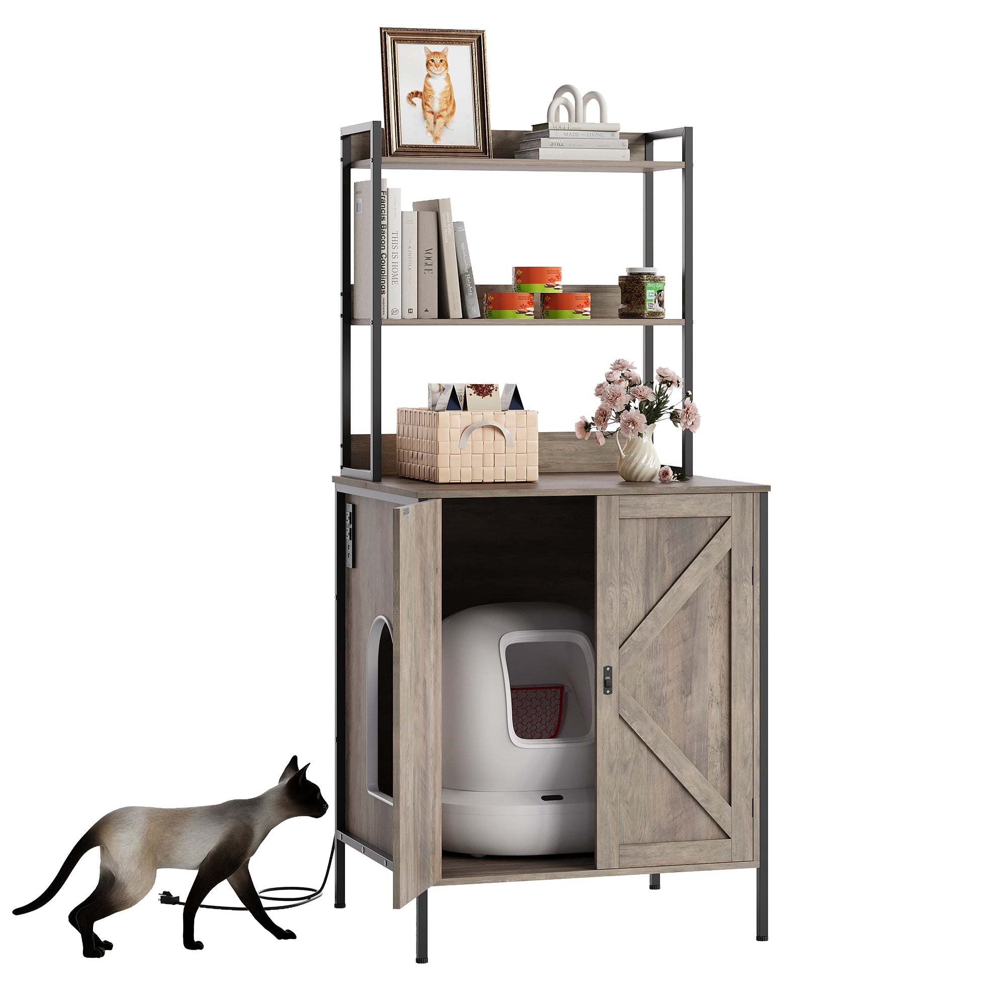 Garvee 70" Large Hidden Cat Litter Box Furniture, Cat Robot Enclosure Cabinet with Shelves, Built-in Power Outlet, Fits Auto Litter Boxes, Modern Self‑Cleaning Litterboxes Furniture Grey