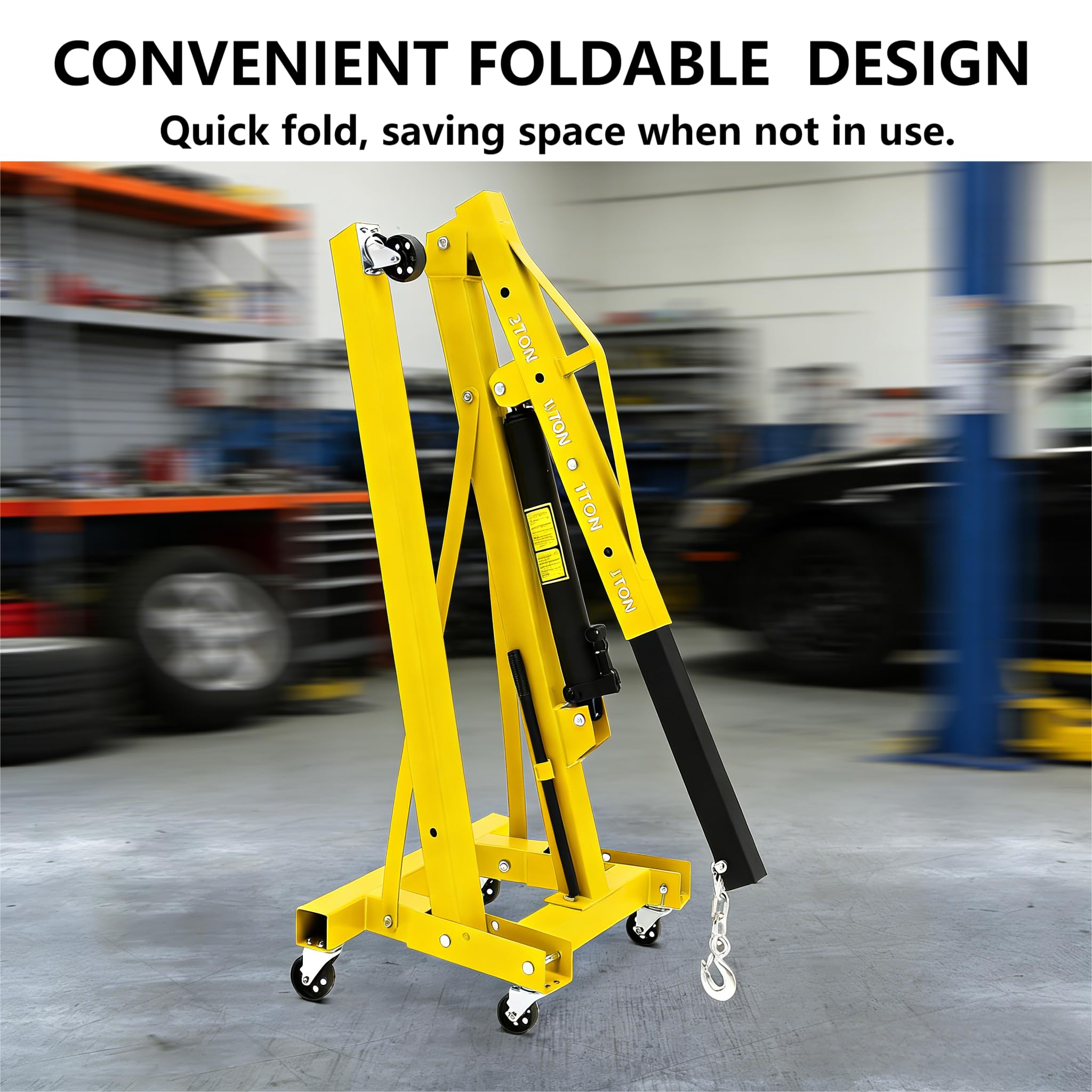 Garvee 2-Ton Engine Hoist - 4400 lbs Folding Hydraulic Cherry Picker, Heavy-Duty Shop Crane with 6 Caster Wheels and 4 Adjustable Boom Positions for Warehouse, Garage, and Workshop (Yellow)