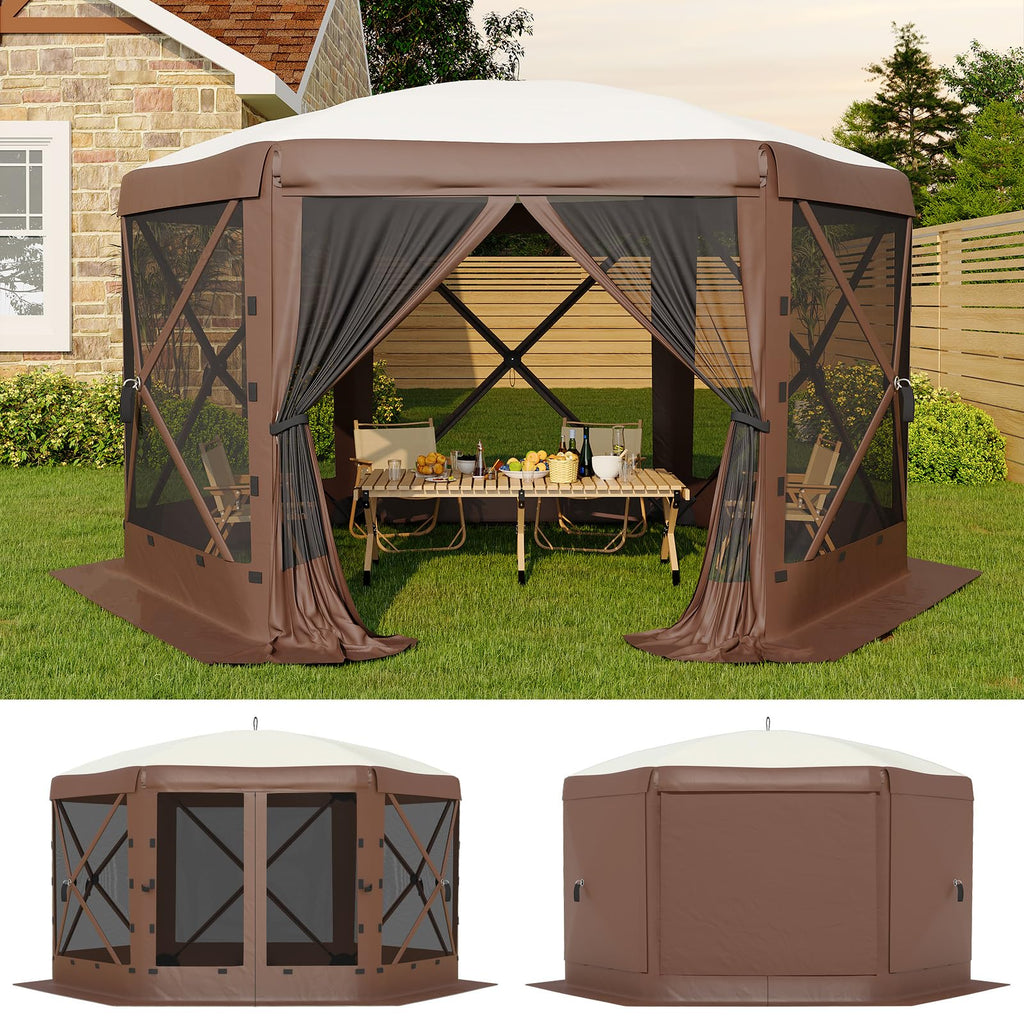 Garvee 6-Sided Pop Up Tent 11.7' X 10.1' Hexagonal Shape. One-Push Setup. Mosquito Netting. Steel Frame. Removable Wind Cloths. Outdoor Camping & Backyard Shelter