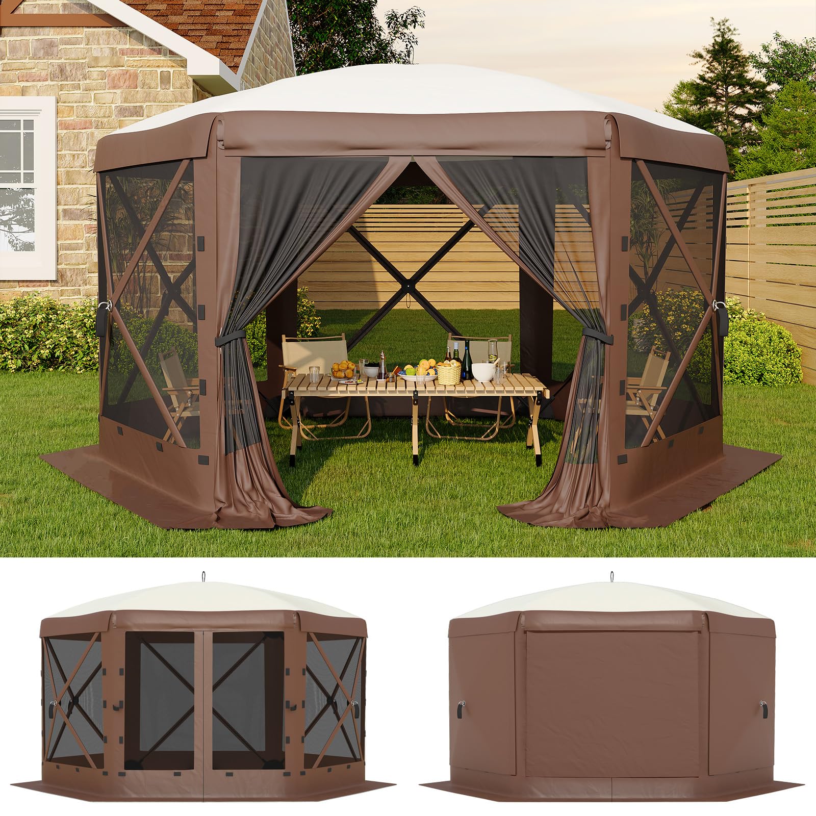 Garvee 6-Sided Pop Up Tent 11.7' X 10.1' Hexagonal Shape. One-Push Setup. Mosquito Netting. Steel Frame. Removable Wind Cloths. Outdoor Camping & Backyard Shelter