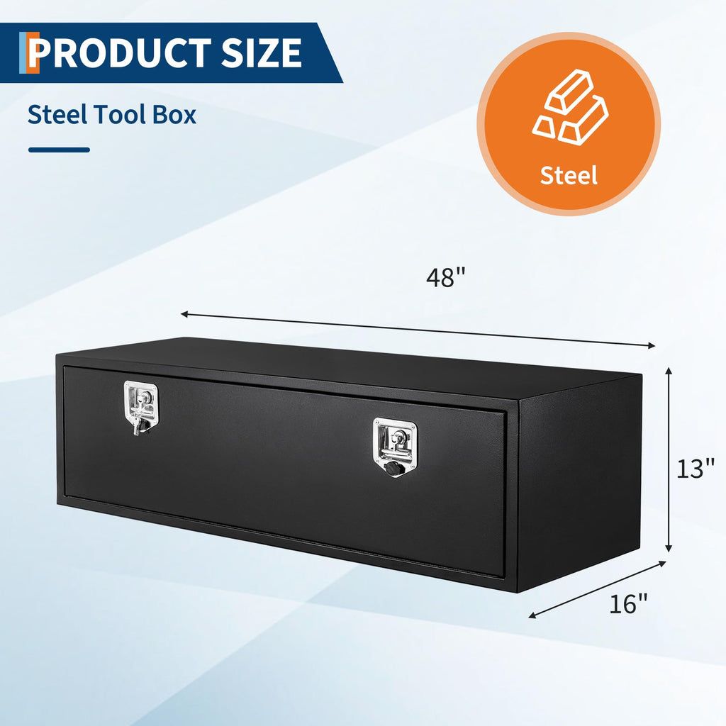 Garvee 48"X16"X13" Heavy Duty Black Steel Underbody Truck Tool Box with T-Handle fastener – Weather-Resistant Storage Chest for Pickup Truck Bed, RV, Trailer, Black Orange Grain Spray Plastic, Underbody Tool Box