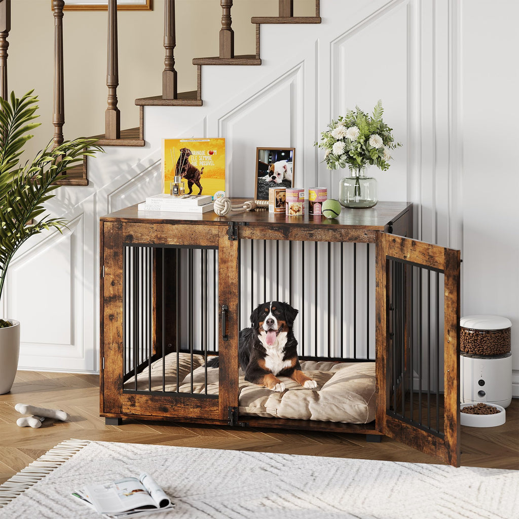 Garvee Rustic Farmhouse Dog Crate Furniture - Medium Indoor Wooden Kennel End Table with Dual Locking Doors - Chew-Resistant, Ventilated Pet Cage for Medium Dogs - Brown, Medium