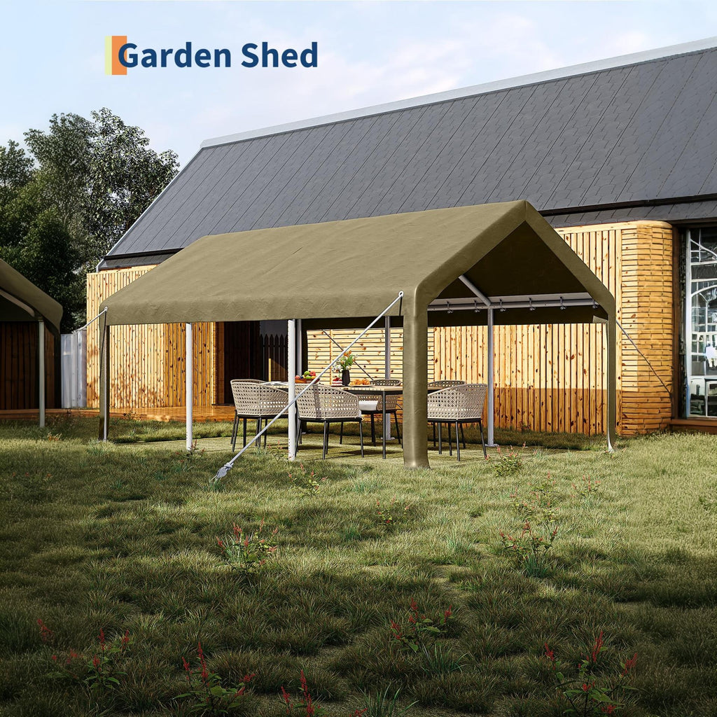 Garvee 12' × 20' Portable Garage, 200 GSM PE Carport Canopy with Reinforced Steel Frame, 2 Roll-Up Doors, 4 Mesh Windows, Khaki
