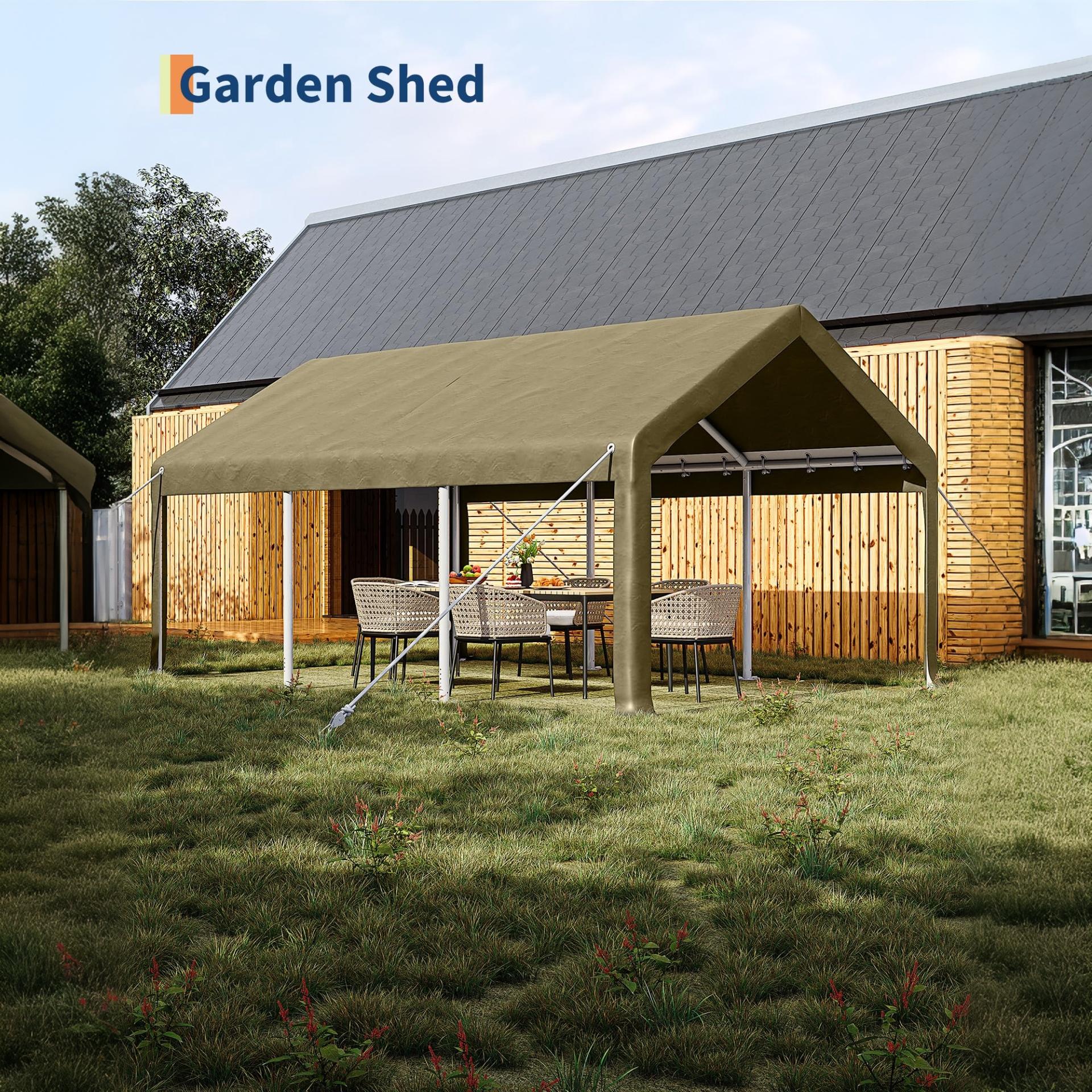 Garvee 12' × 20' Portable Garage, 200 GSM PE Carport Canopy with Reinforced Steel Frame, 2 Roll-Up Doors, 4 Mesh Windows, Khaki