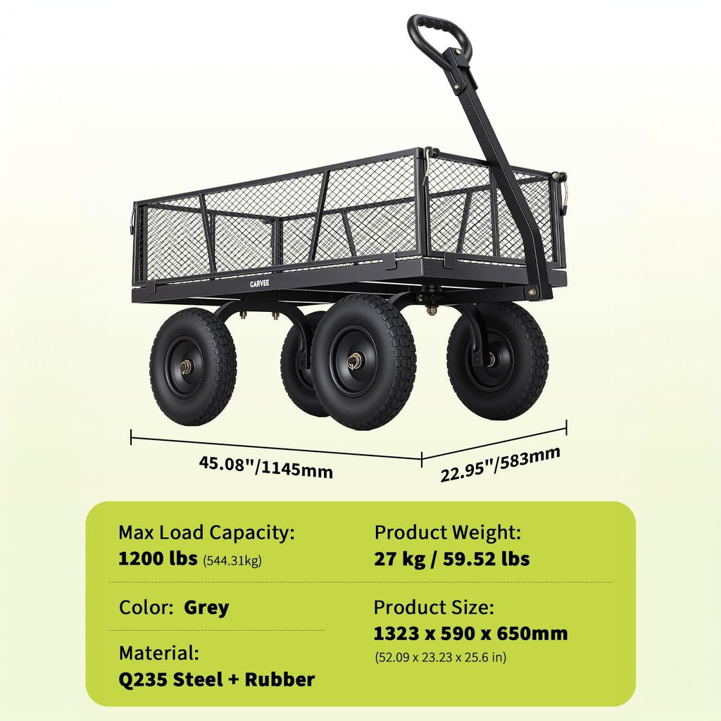 Garvee 1200 lb Heavy-Duty Steel Garden Cart, All-Terrain Utility Wagon with 13" Pneumatic Tires, Removable Mesh Sides, 180° Rotating Handle & Flatbed Design for Lawn, Yard, Farm, Landscaping, Gray