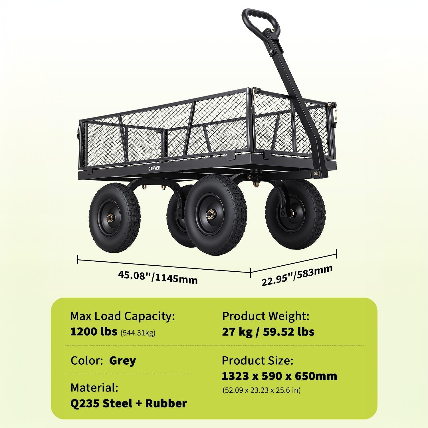 Garvee 1200 lb Heavy-Duty Steel Garden Cart, All-Terrain Utility Wagon with 13" Pneumatic Tires, Removable Mesh Sides, 180° Rotating Handle & Flatbed Design for Lawn, Yard, Farm, Landscaping, Gray