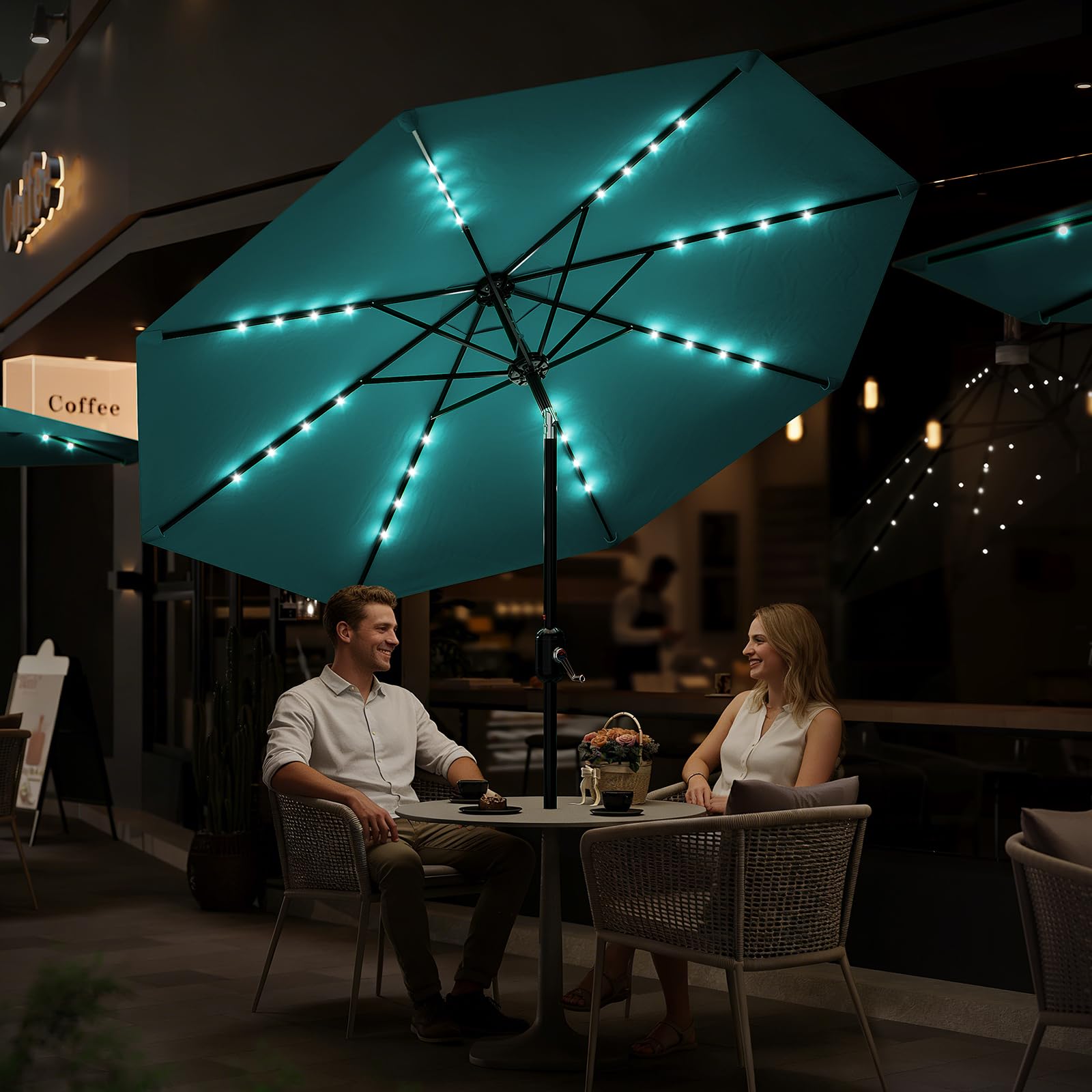 Garvee 9FT Solar LED Patio Umbrella with 32 Lights, Tilt & Crank Outdoor Market Umbrella, UV & Water Resistant, 8 Ribs Sunshade for Garden, Deck, Pool & Table, Light Blue
