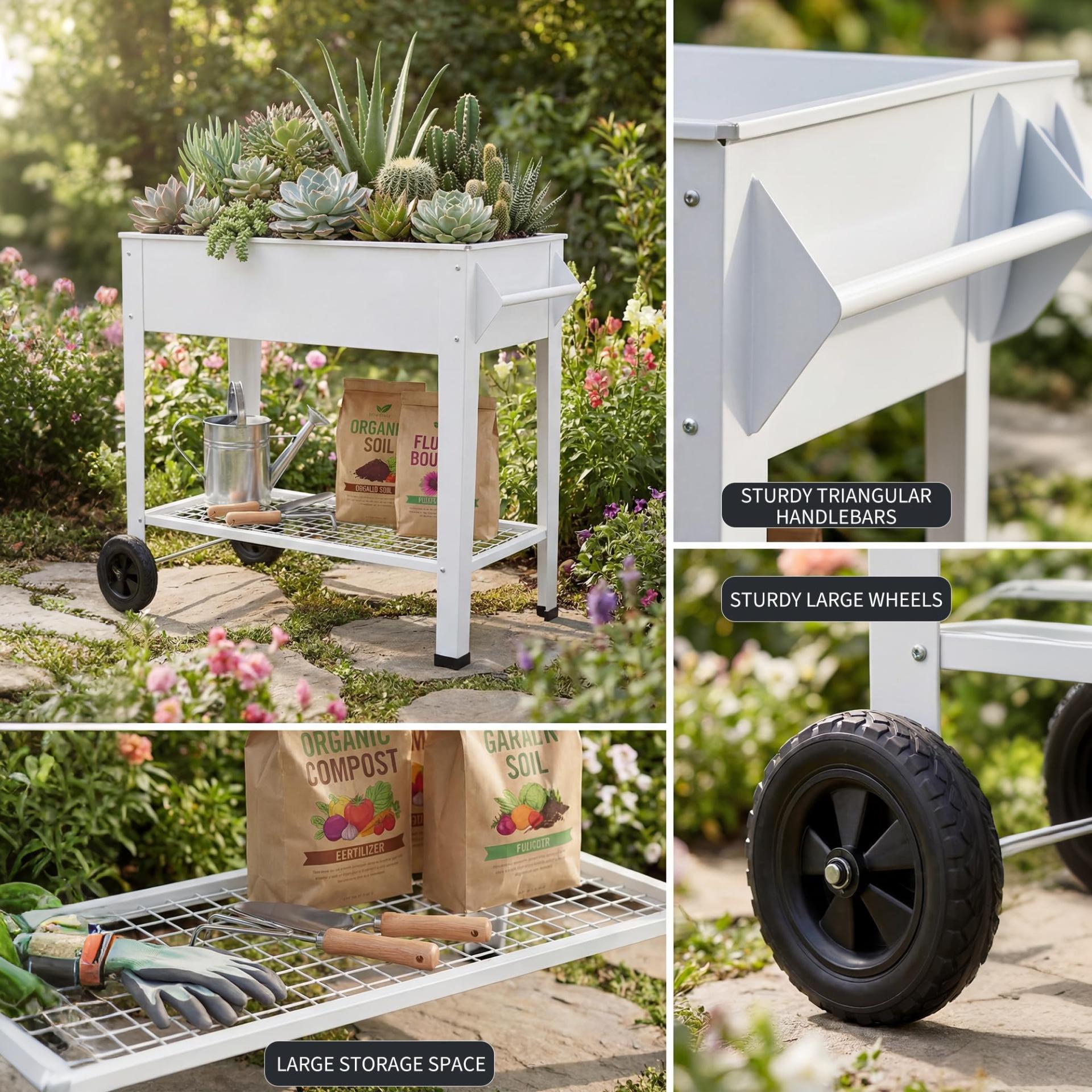 Garvee 40" x 32" x 15.3" Raised Garden Bed with Wheels & Storage Shelf, 400 lb Capacity Anti-Rust Steel Elevated Planter Box with Drainage Holes for Vegetables, Herbs, Flowers, Patio, Balcony & Backyard