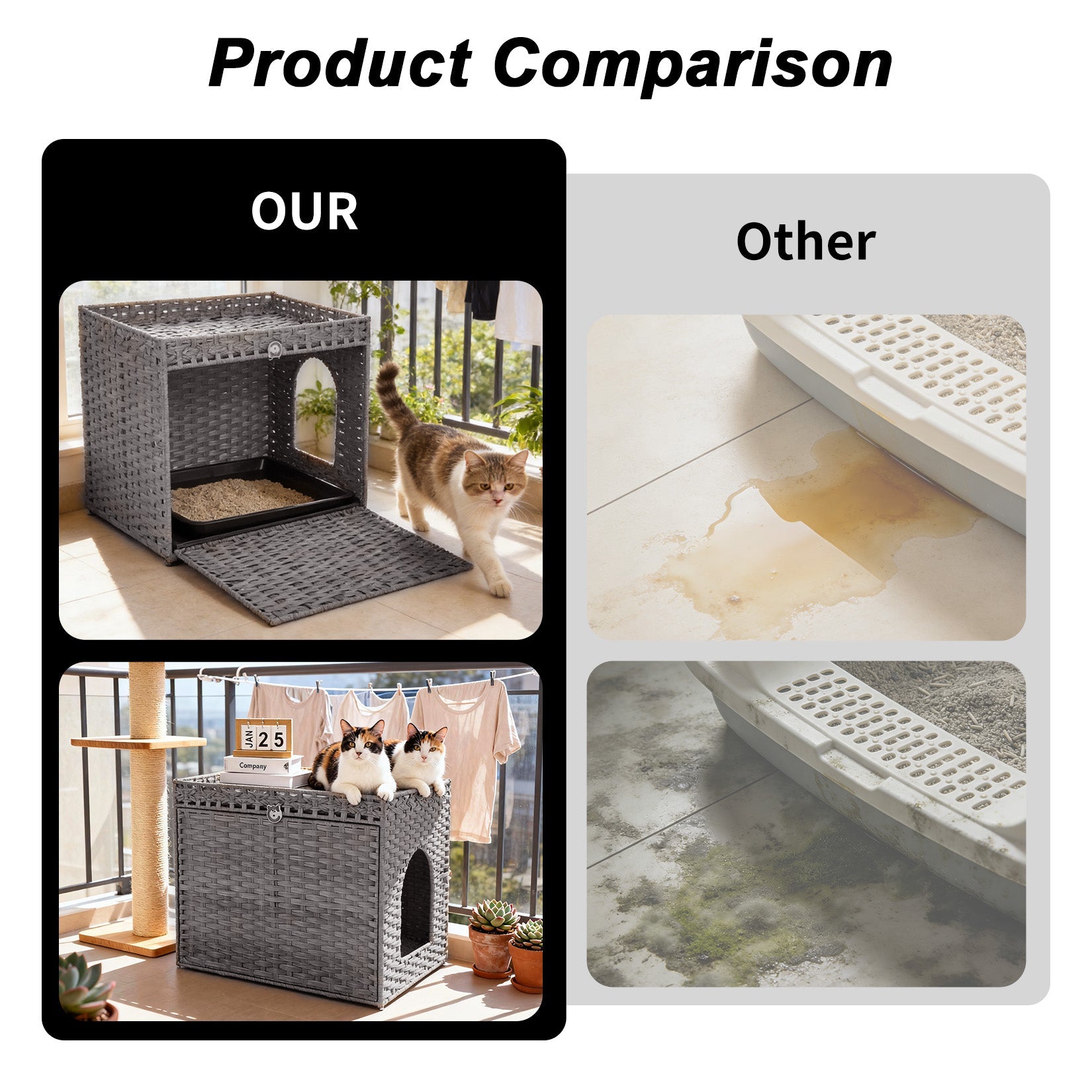 Garvee Handwoven Rattan Cat Litter Box Cabinet – Large Covered Enclosure with Removable Mat and Fence – Stylish Hidden Litter Furniture for Living Room or Apartment, Easy Assembly – Grey