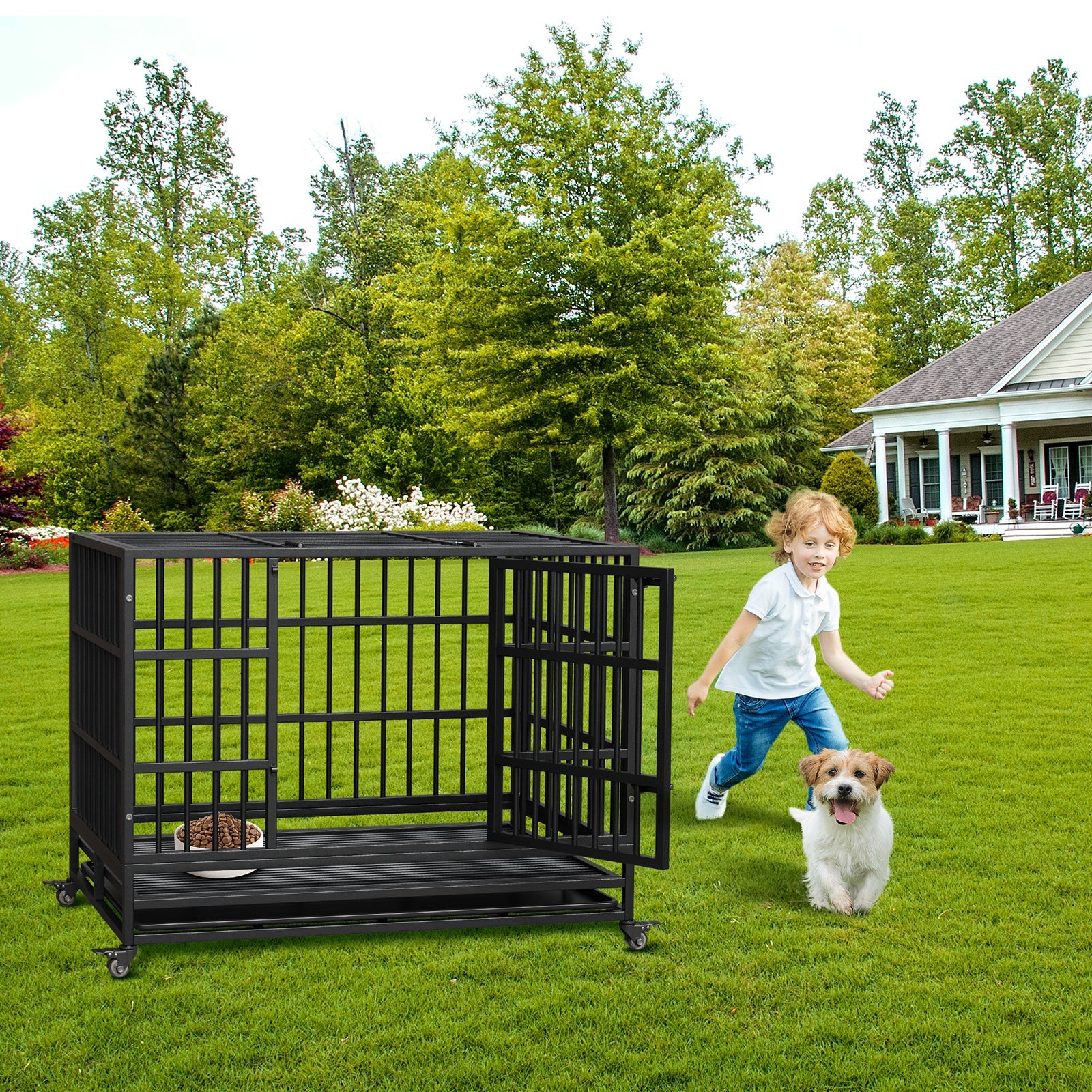 Garvee Heavy Duty Indestructible Dog Crate – Metal Escape-Proof Kennel for Large Dogs, Double Doors, 360° Lockable Wheels, Removable Tray, Easy Assembly – Secure Indoor Pet Cage, Size: 42.5inch