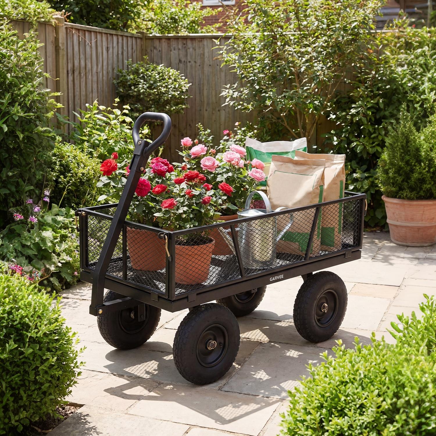Garvee 1200 lb Heavy-Duty Steel Garden Cart, All-Terrain Utility Wagon with 13" Pneumatic Tires, Removable Mesh Sides, 180° Rotating Handle & Flatbed Design for Lawn, Yard, Farm, Landscaping, Black