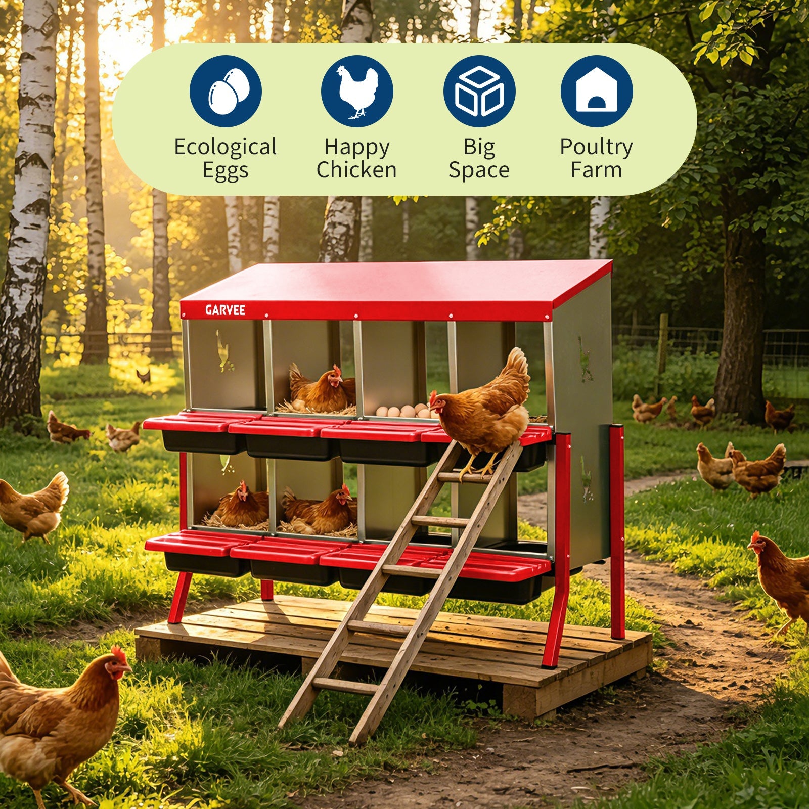 Garvee 8 Compartment Metal Chicken Nesting Box – Heavy Duty Galvanized Steel, Easy Clean Removable Tray, Soft Cushion, Ventilated, Bracket Legs for Outdoor Chicken Coop – Red with Chicken Design