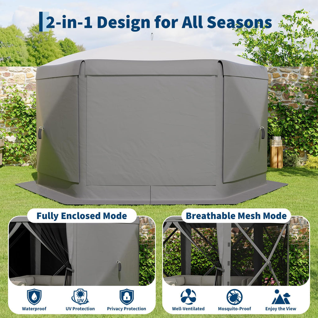 Garvee 13 × 13 ft Screen Tent, Instant Pop-Up Outdoor Canopy with 6 Removable Wind Panels, Mesh Walls & Carry Bag for Camping, Backyard and Patio, Grey