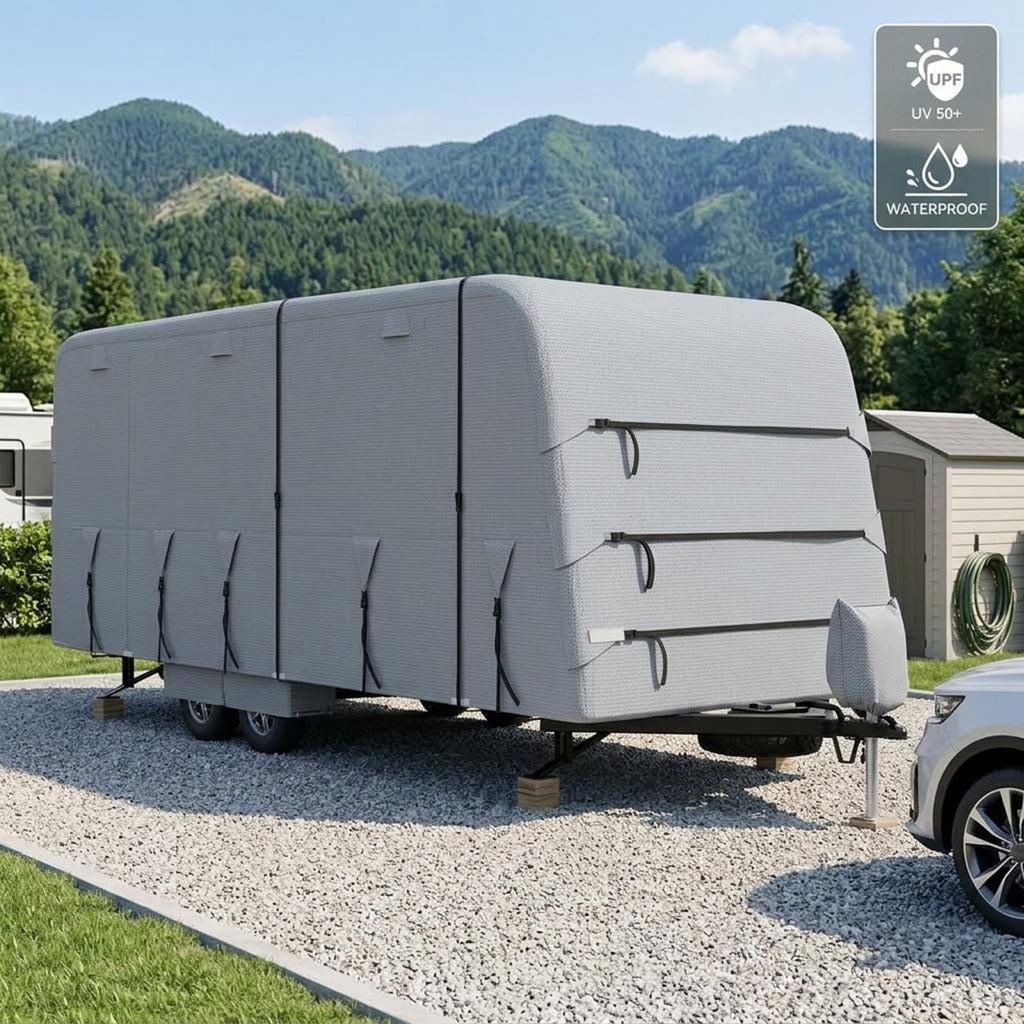 Garvee 33-35FT Heavy-Duty Trailer Cover for Campers, 4-Ply Oxford RV Cover with Waterproof Roof, Breathable Side Vents, UV Protection, Tie-Down Straps, Zipper Access, Tire Covers, and Storage Bag, Grey