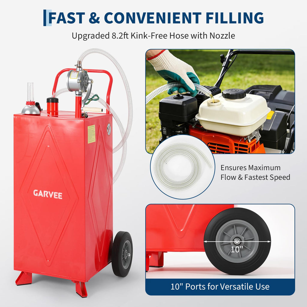 Garvee 35 Gallon Portable Fuel Gas Caddy Storage Tank – Manual Rotary Hand Pump, Fuel Hose, Wide Fill Neck, Level Gauge, Vented Cap, Grounding Clamp, Rolling Wheels – Gasoline/Fuel Transfer Tank for ATV, Tractor, Lawn Mower, Car, Boat – Reinforced 2-wheel