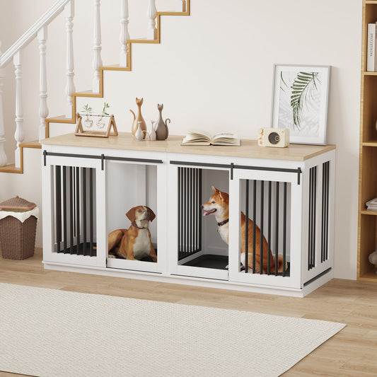 Garvee Heavy Duty Double Dog Crate Furniture for 2 Large Dogs – Wooden Dog Kennel with Removable Divider, Sliding Barn Door, 2 Trays, TV Stand, Modern Indoor End Table – Color: White / Light Oak