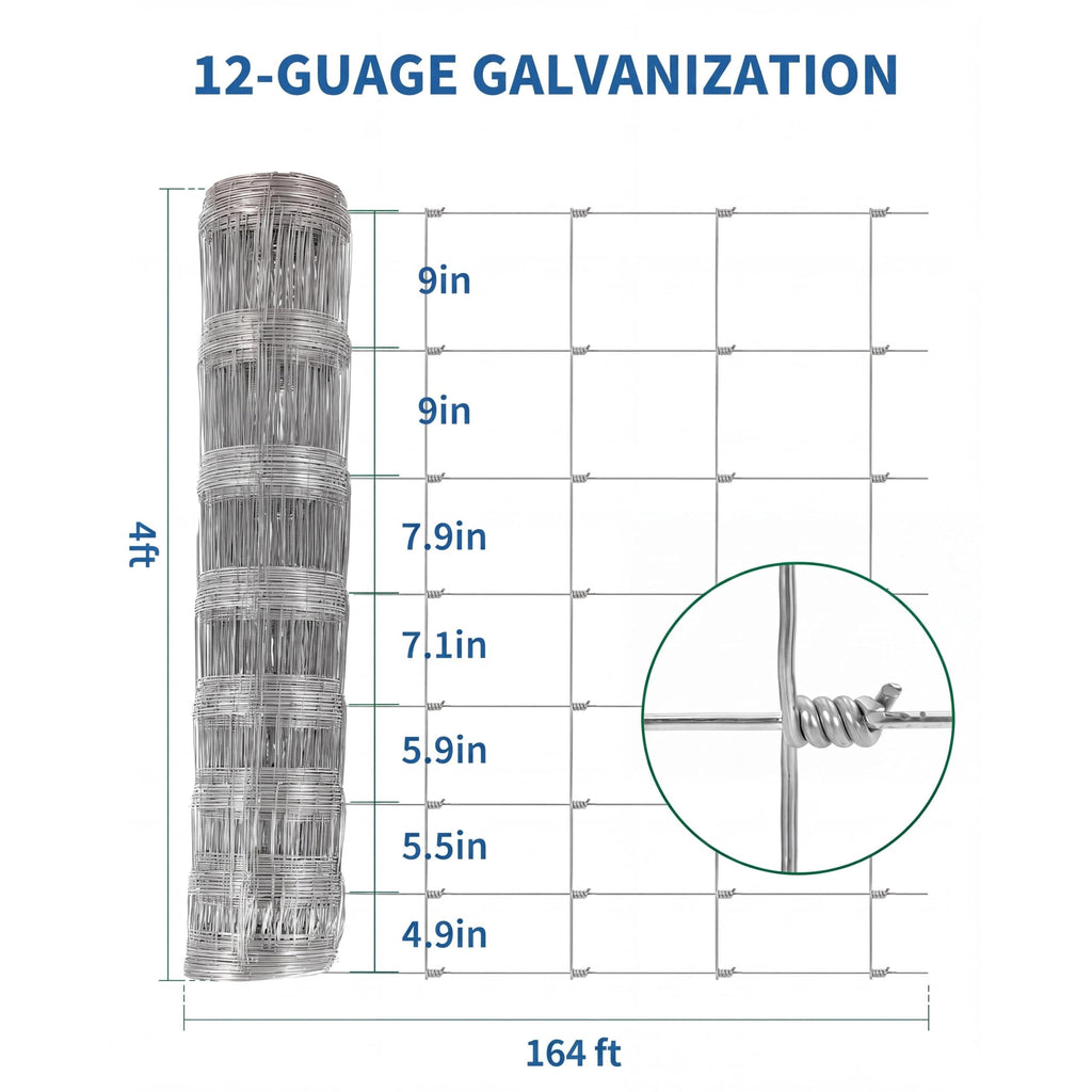 Garvee 12 Gauge Galvanized Steel Cattle Fence, 4ft x 164ft Woven Wire Farm Fencing Roll with Graduated Mesh for Livestock
