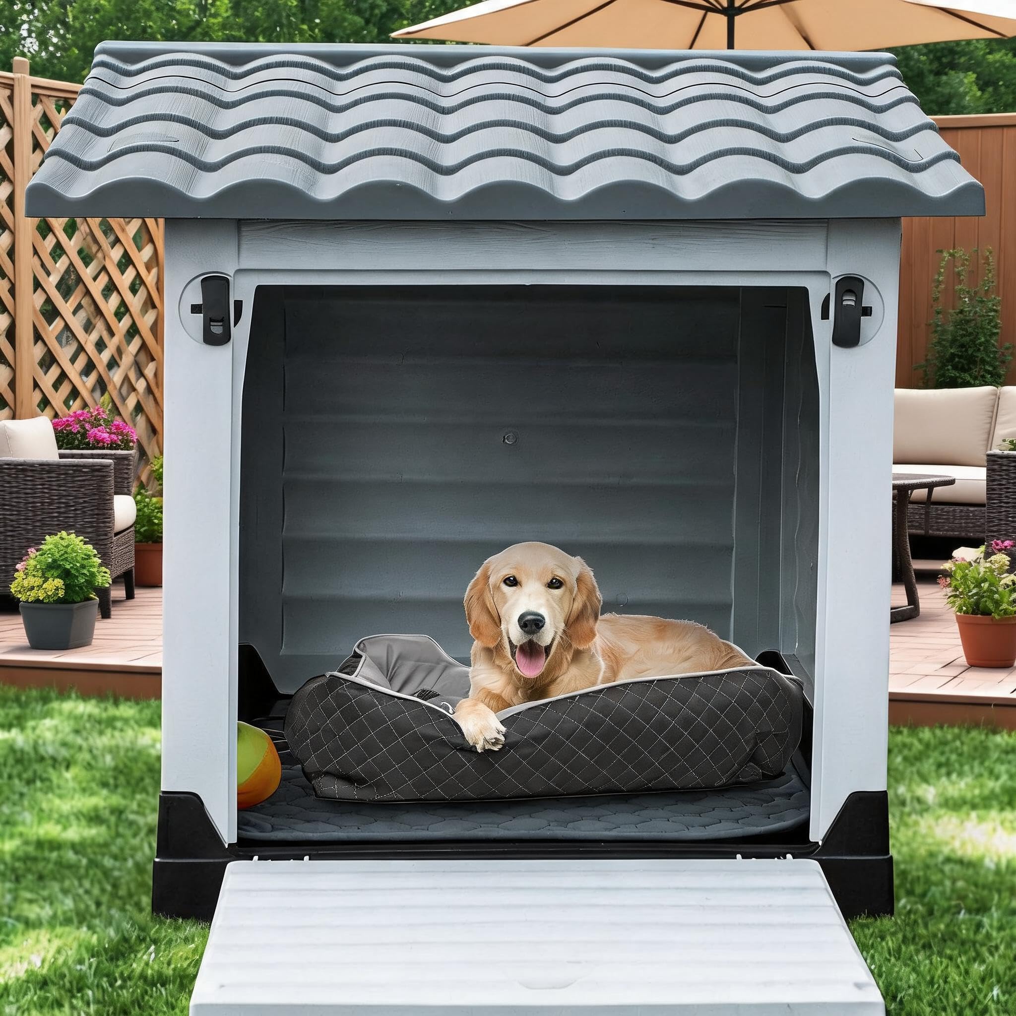 Garvee 2-Door Large Dog House for Indoor and Outdoor Dog House with Fold-Out Porch Elevated Base, Waterproof Pet House for Small and Medium Dogs, Easy Assembly, Gray (38''L x 26''W x 31''H)