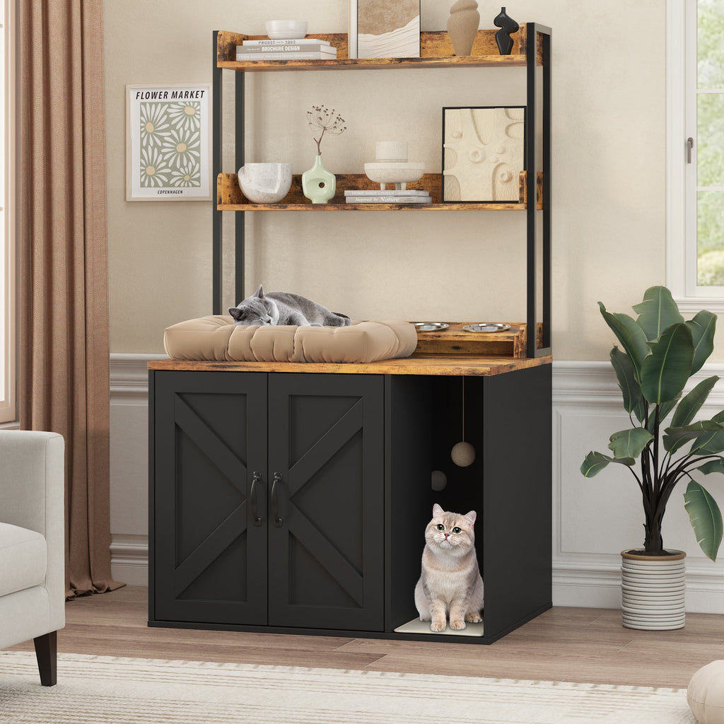 Garvee 55" H Cat Litter Box Enclosure Hidden Litter Box Furniture, Wooden Cat House with 2 Storage Shelves and Charging Sockets, Large Indoor Cabinet for Living Room Entryway, Black& Brown