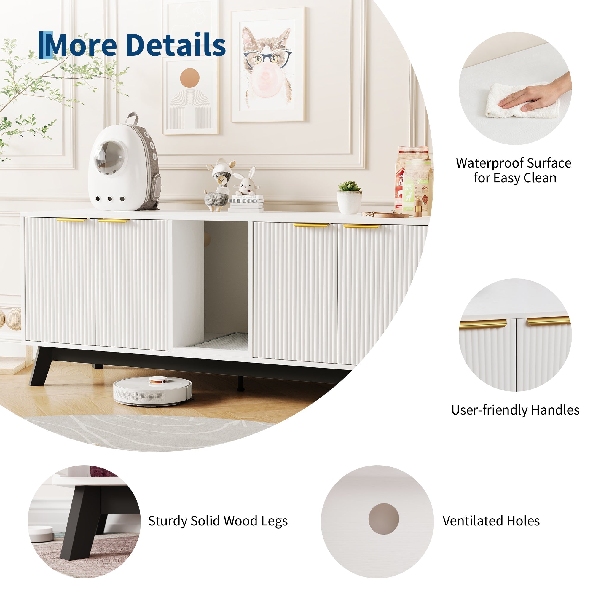 Garvee Double Cat Litter Box Enclosure Furniture, Hidden Litter Box Furniture with Litter Collector & Scratch Pad, Wooden Litter Box Cabinet, Cats House, White