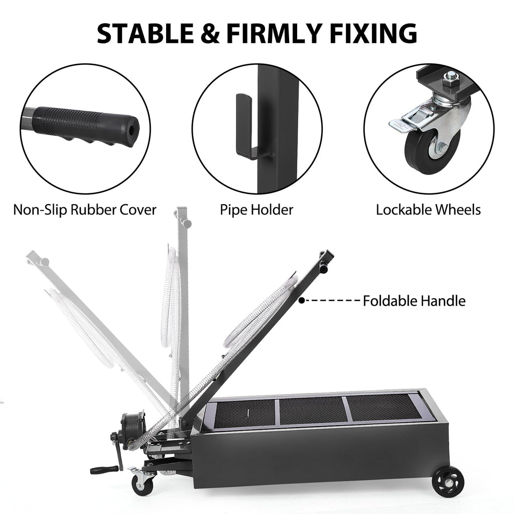 Garvee 20 Gallon Manual Low-Profile Oil Drain Pan, Large-Capacity Rolling Oil Drain Cart with Adjustable Handle, Hose, and Swivel Casters for Trucks, RVs, and SUVs, Black