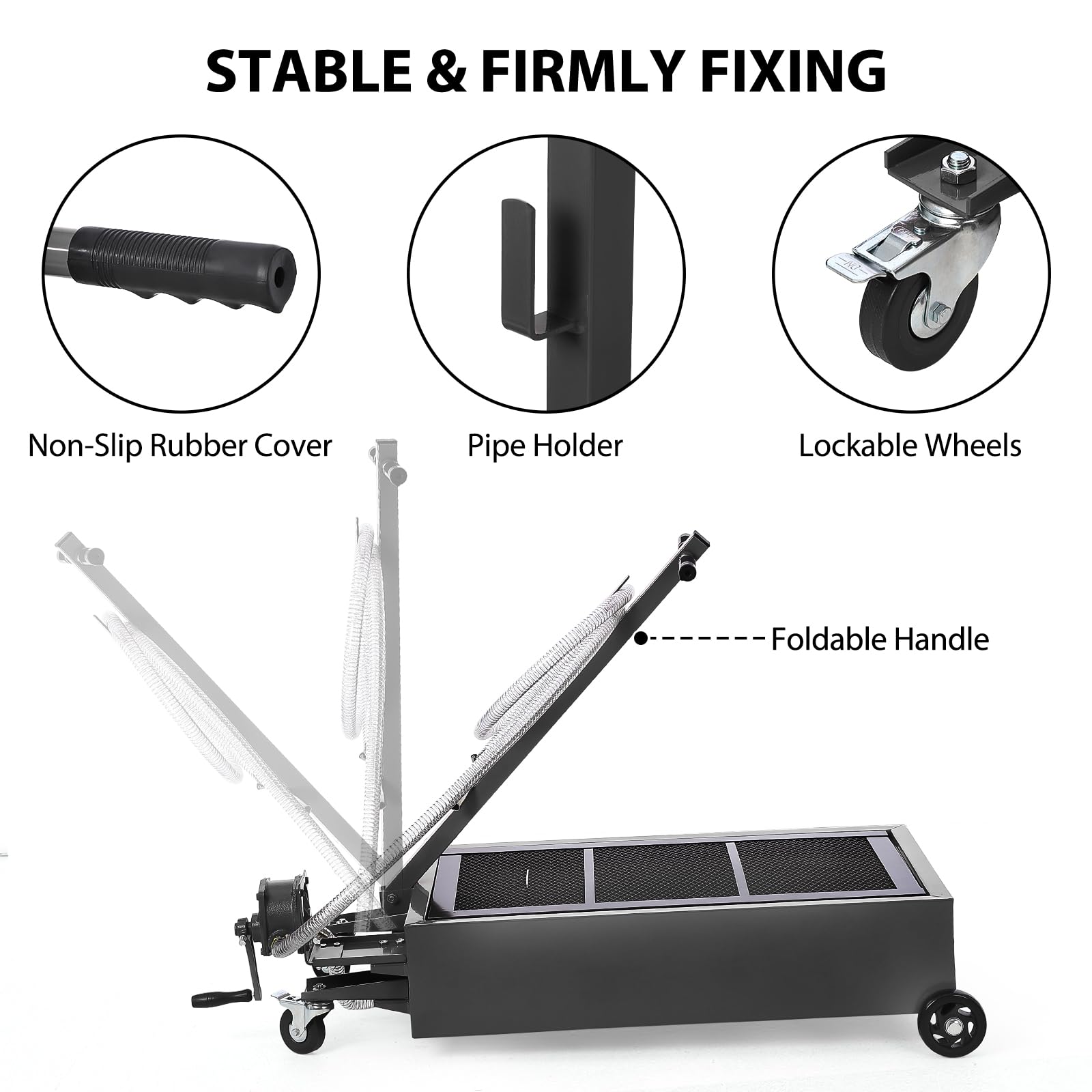 Garvee 20 Gallon Manual Low-Profile Oil Drain Pan, Large-Capacity Rolling Oil Drain Cart with Adjustable Handle, Hose, and Swivel Casters for Trucks, RVs, and SUVs, Black