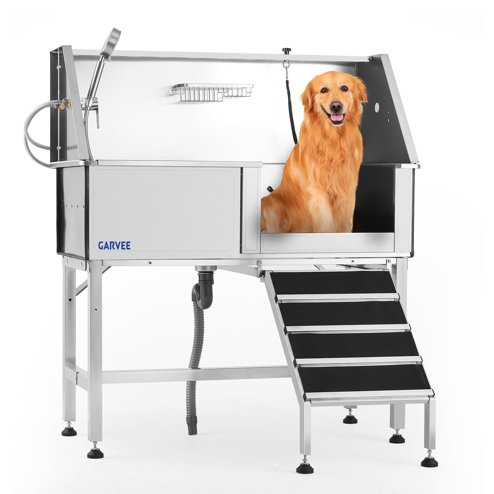 Garvee 46 Inch Stainless Steel Dog Washing Station with Walk-in Ramp, Heavy Duty Pet Grooming Bathtub, Brushed Finish, Right Opening Door