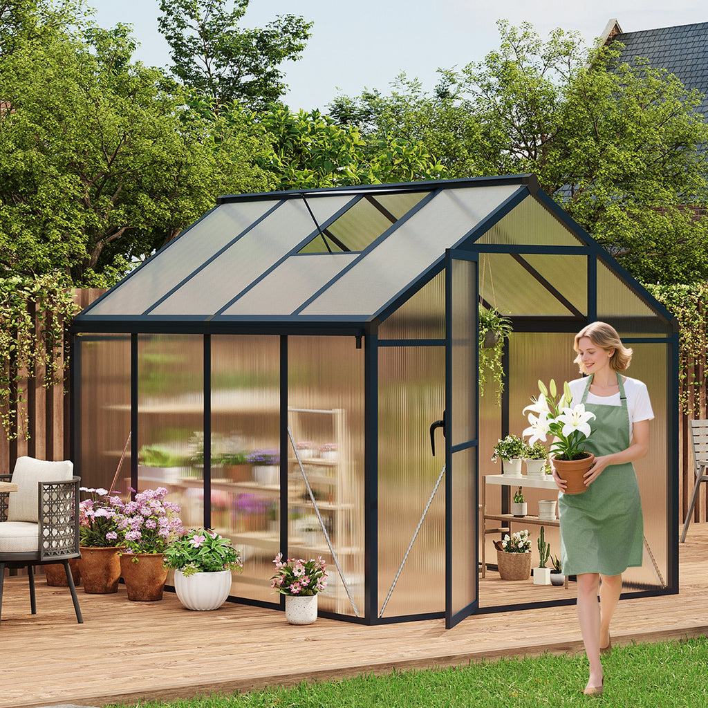 Garvee  6x8 FT Polycarbonate Greenhouse Gazebo – Walk-In Outdoor Garden Structure – Robust Aluminum Frame – Upgraded Sliding Door, Adjustable Roof Vent, Lockable Handle – For Patio, Backyard, Lawn – 6x8 Sliding Door, Dark Gray (Upgraded Handle