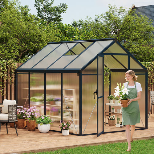 Garvee  6x8 FT Polycarbonate Greenhouse Gazebo – Walk-In Outdoor Garden Structure – Robust Aluminum Frame – Upgraded Sliding Door, Adjustable Roof Vent, Lockable Handle – For Patio, Backyard, Lawn – 6x8 Sliding Door, Dark Gray (Upgraded Handle