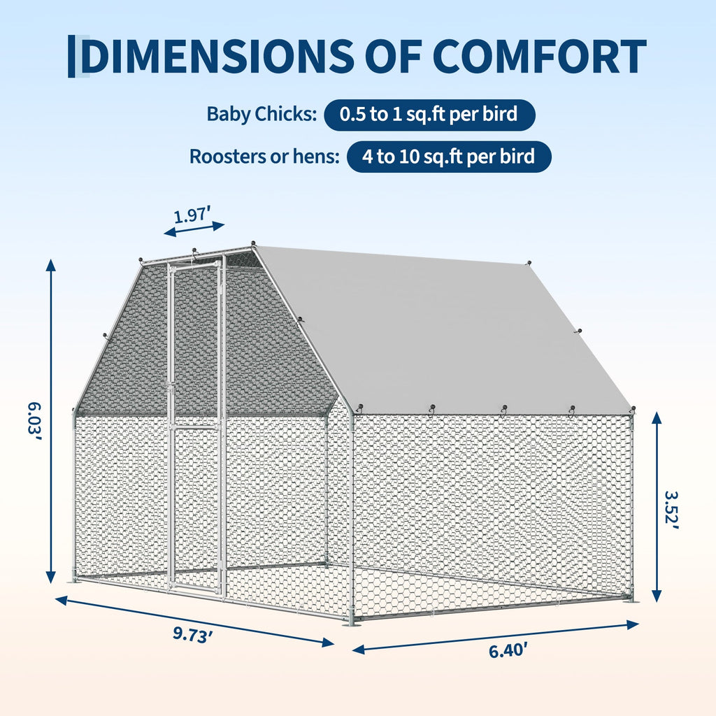 Garvee  9.73' x 6.40' x 6.03'  Spacious Metal Chicken Coop for 6-10 Chickens – Outdoor Walk-In Poultry Cage with Anti-UV Waterproof Cover – Durable Backyard Pen