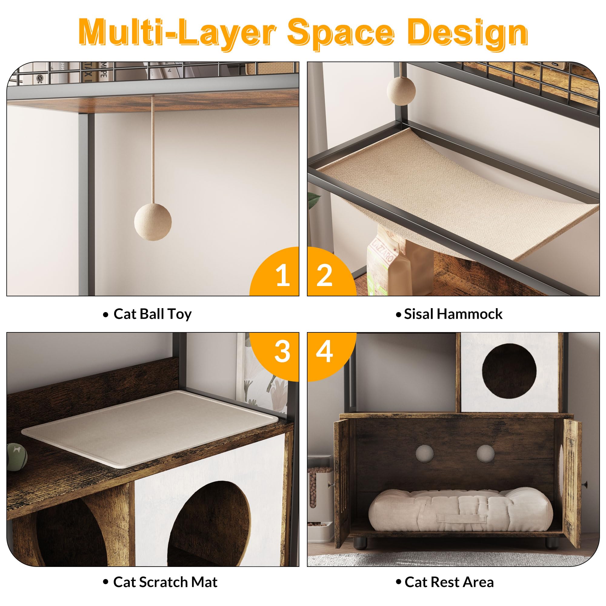 Garvee Modern Hidden Cat Litter Box Enclosure with Storage Rack, Indoor Enclosed Cat Furniture, Hammock, Sisal Balls, Scratching Mat, Multi-Level Private Cat House, Gray