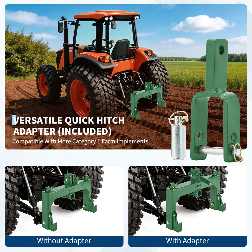 Garvee Heavy-Duty 3-Point Quick Hitch Adapter with 2" Receiver – Reinforced Rib – 3000 lbs Lift – No Bushing Needed – 5-Level Adjustable Bolt – Category 1 Tractor Attachment – Durable Metal – Green Powder Coated Finish