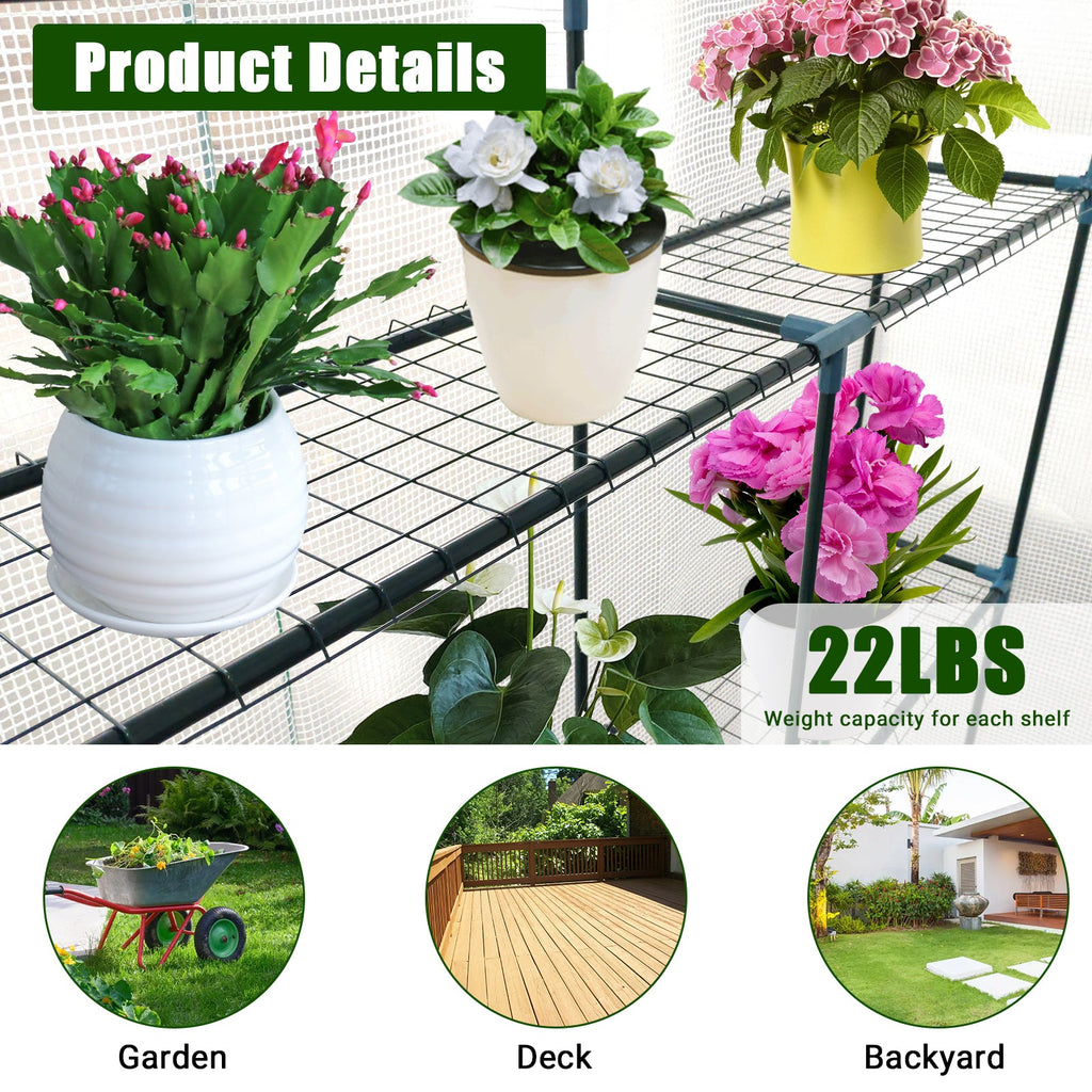 Garvee Large Walk-In Outdoor Greenhouse – 9 Shelves, Heavy-Duty Steel Frame, Roll-Up Zippered Door, Anchors & Ropes, Portable Plant House – Perfect for Garden, Patio, Backyard – White, 143×215×195cm