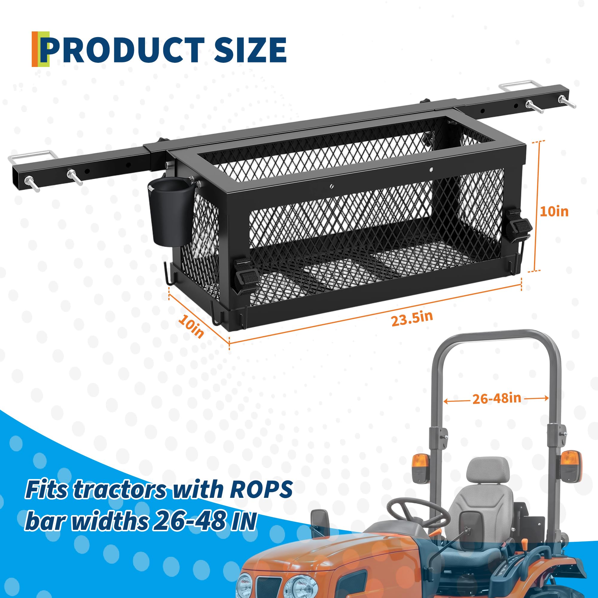 Garvee  23.5" x 10" x 10" Heavy Duty Steel Tractor Storage Organizer Tray – Global Interior Container for ROPS, Zero Turn Mowers – Multi-Function Utility Holder - Without Tool Box